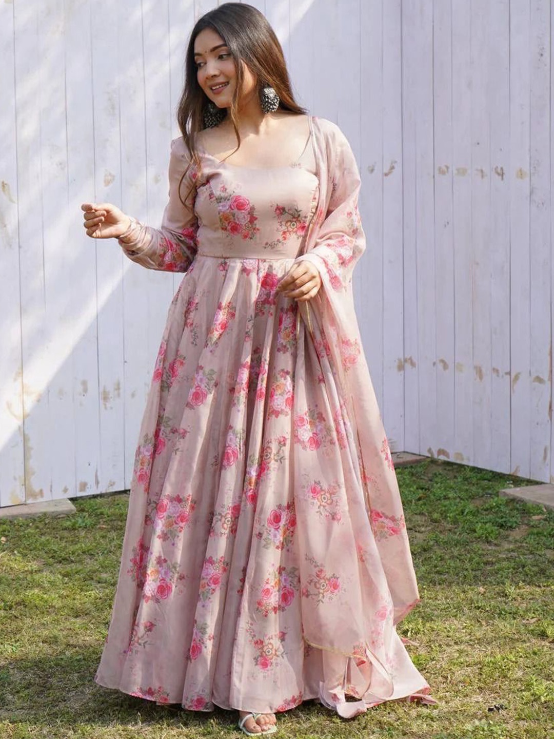 KALINI Women Floral Printed Regular Kurta with Trousers & With Dupatta, Beige