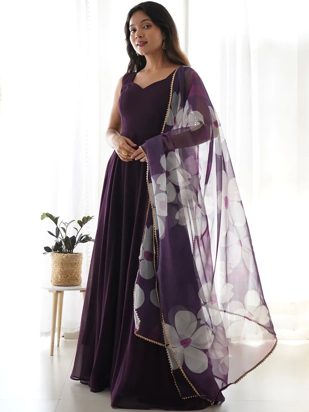 

KALINI Women Floral Angrakha Sequinned Kurta with Trousers & With Dupatta, Purple