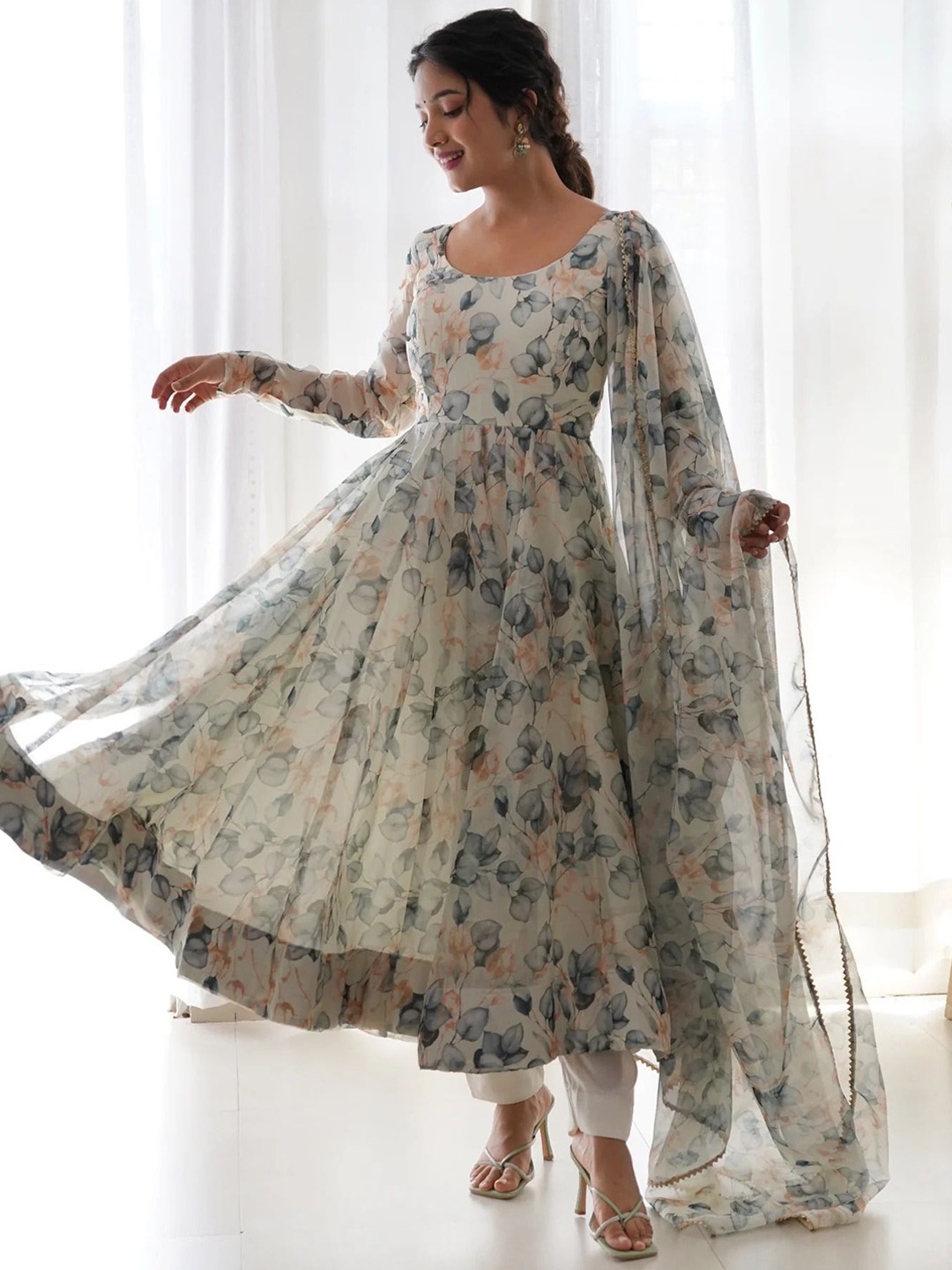 

KALINI Women Floral Printed Pleated Kurta with Trousers & With Dupatta, White