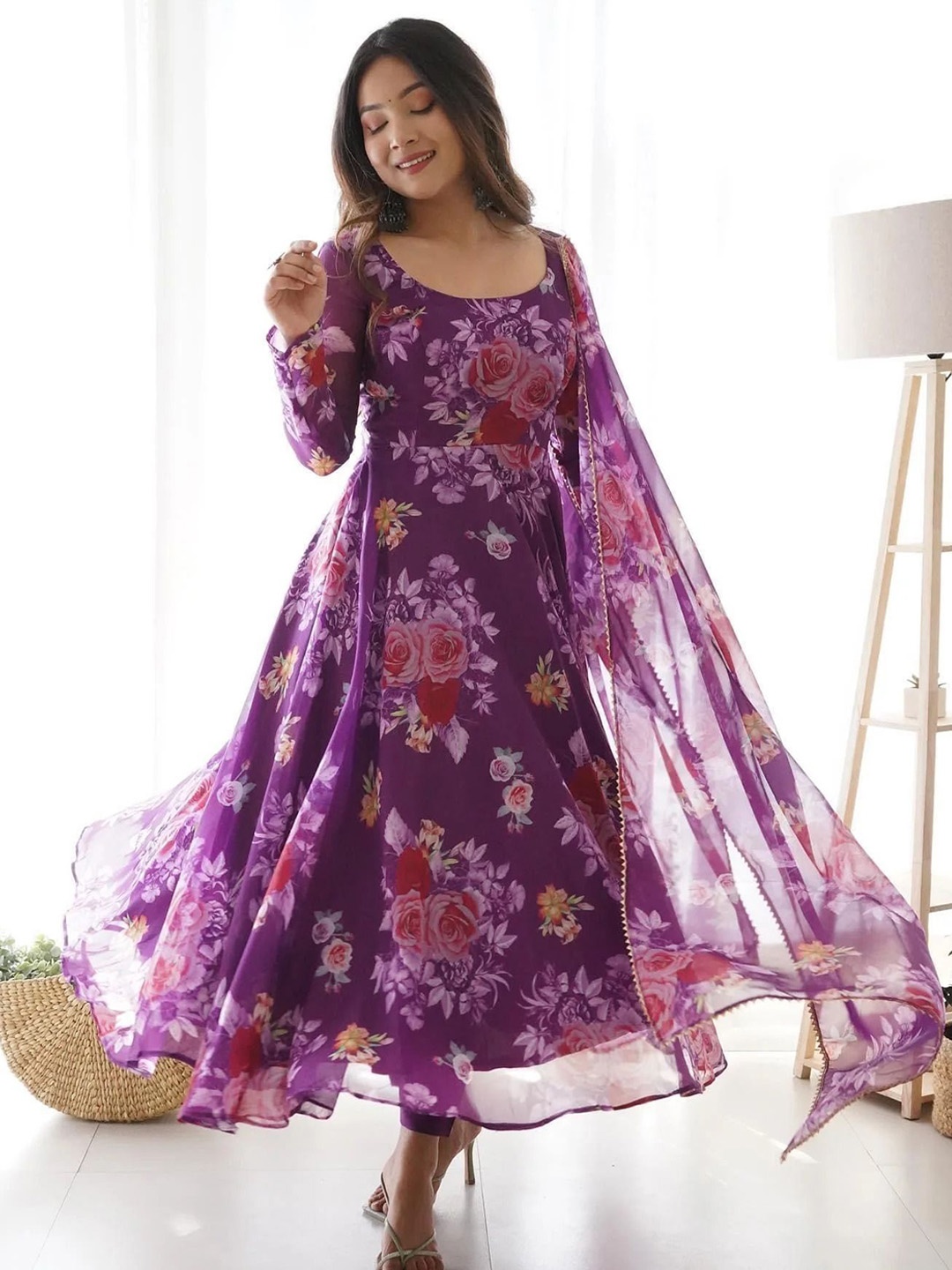 

KALINI Women Floral Printed Empire Kurta with Trousers & With Dupatta, Purple