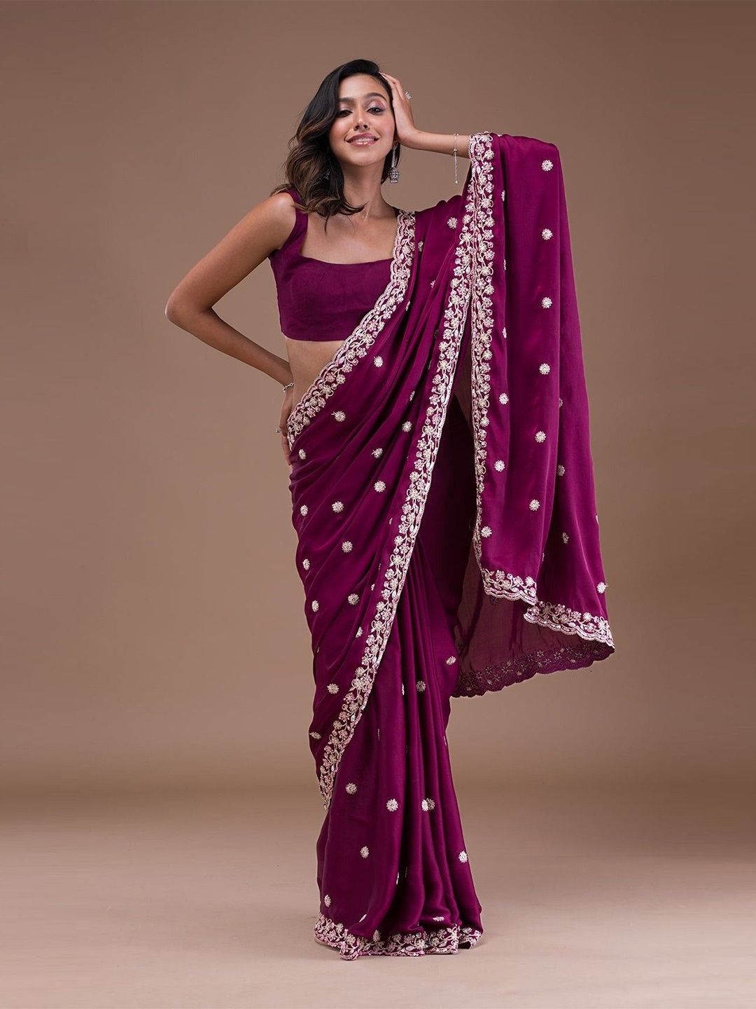 Trendmalls Floral Embroidered Satin Saree, Purple