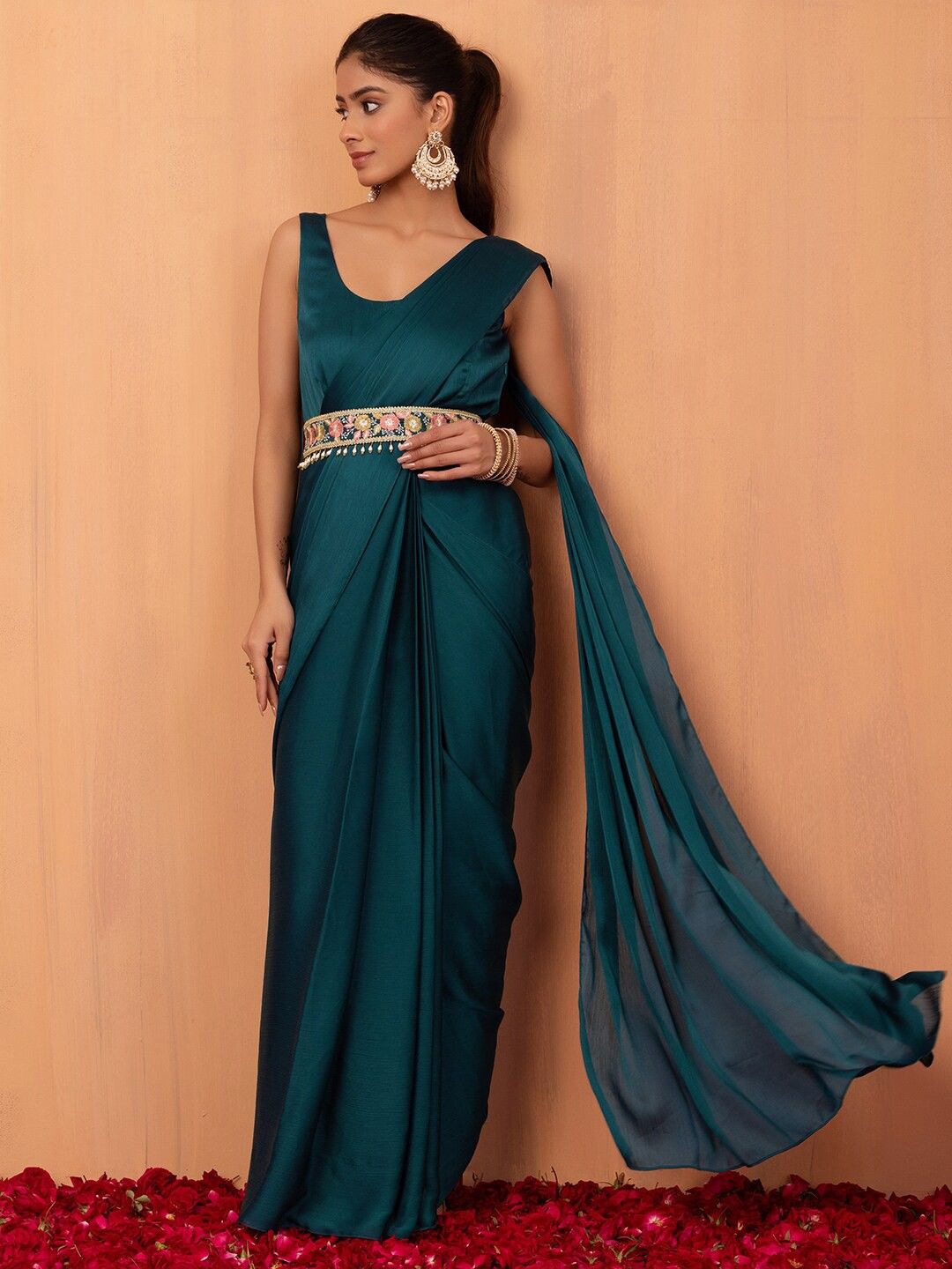 

Trendmalls Beads and Stones Pure Chiffon Ready to Wear Saree, Teal