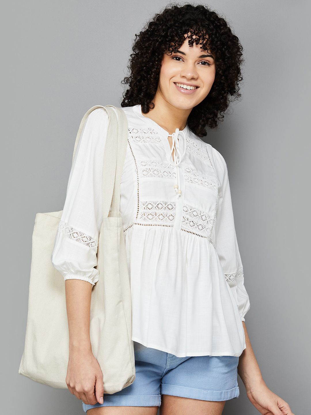 

Fame Forever by Lifestyle Mandarin Collar Puff Sleeve Top, White