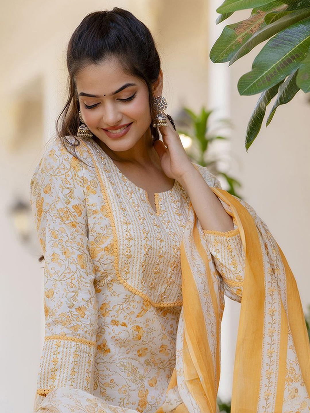 

Anouk Women Floral Printed Regular Aari Work Pure Cotton Kurta with Palazzos & With Dupatta, Yellow