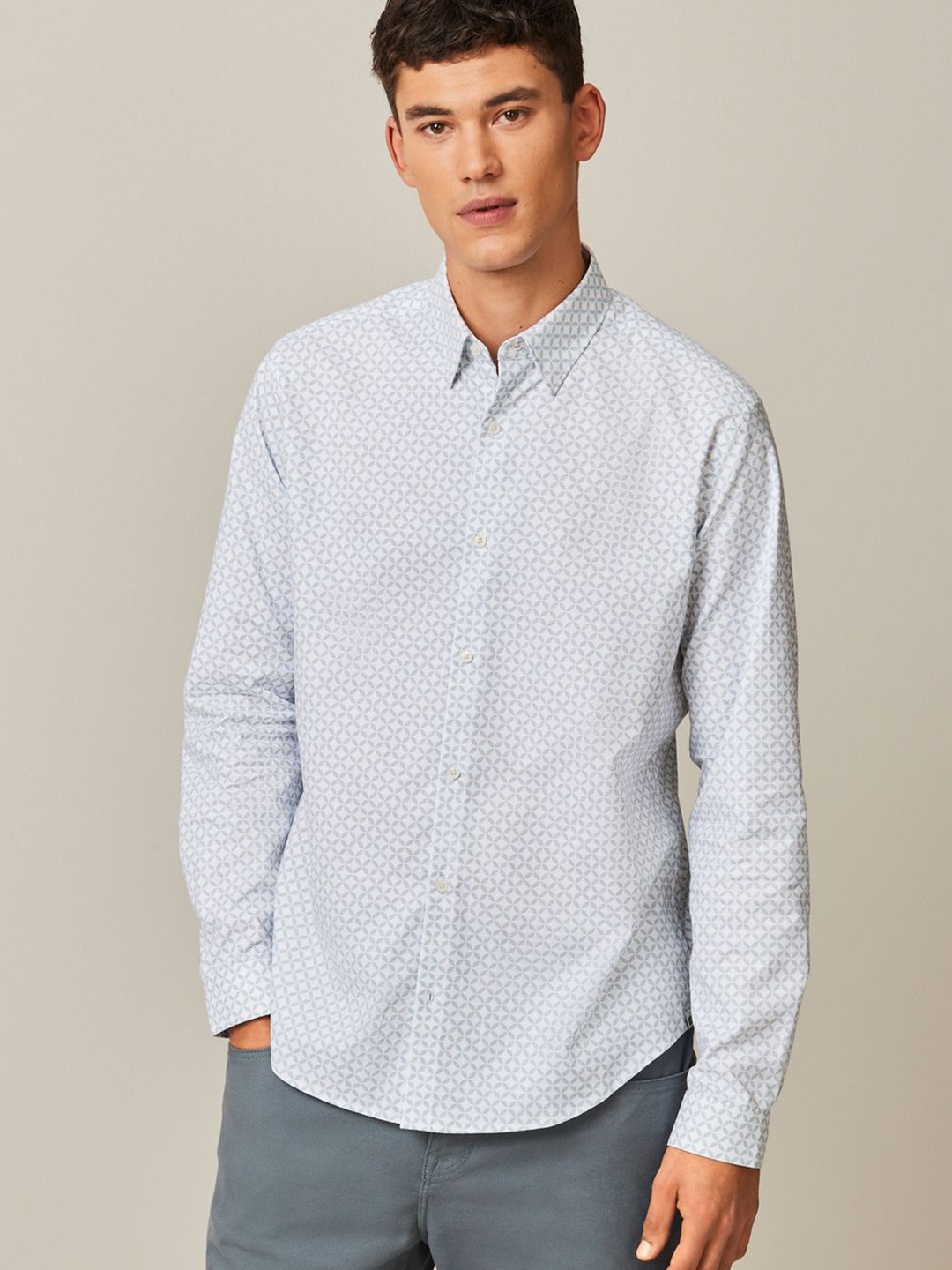 

NEXT Geometric Printed Button-Down Collar Casual Shirt, White