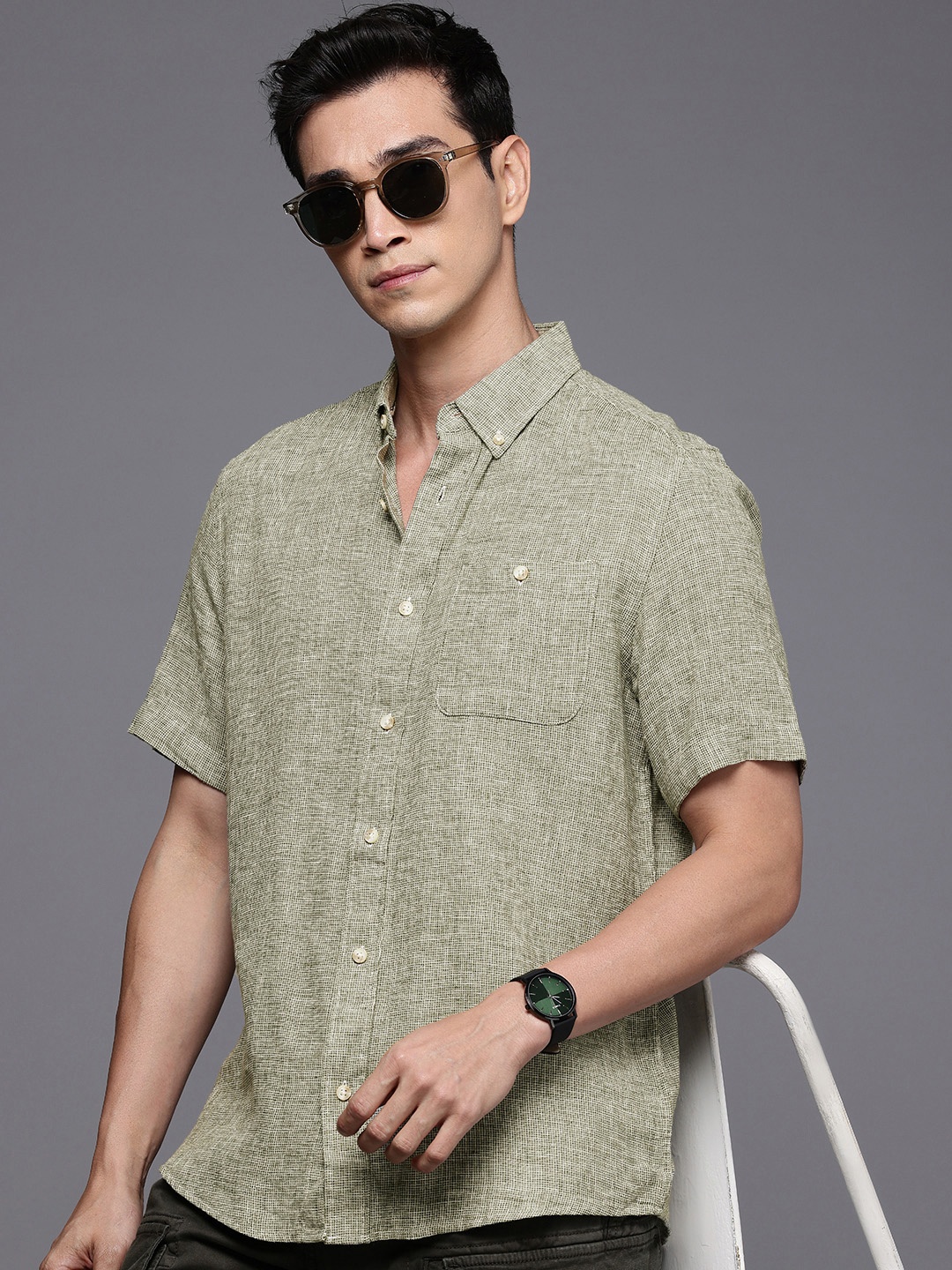 

NEXT Micro Checked Opaque Casual Shirt, Olive