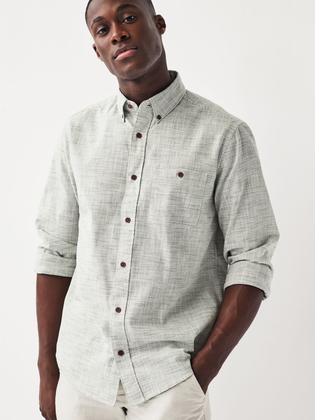

NEXT Pure Cotton Horizontal Stripes Opaque Casual Shirt, Green