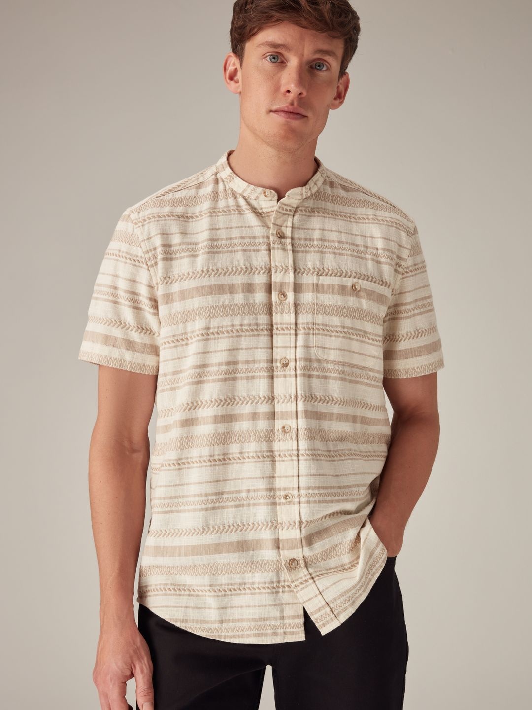 

NEXT Pure Cotton Horizontal Striped Casual Shirt, Beige
