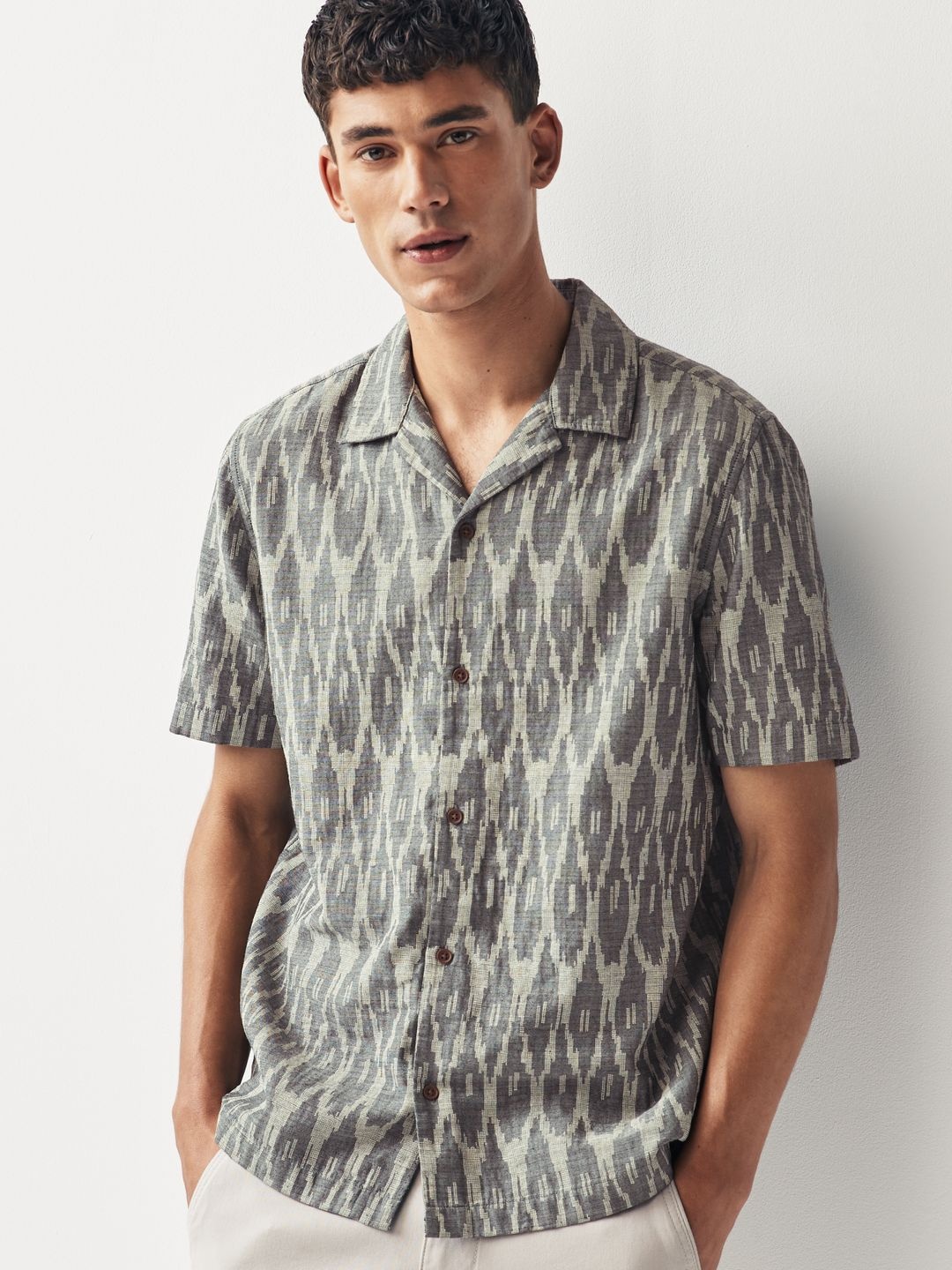 

NEXT Pure Cotton Self Design Geometric Textured Cuban Collar Casual Shirt, Grey