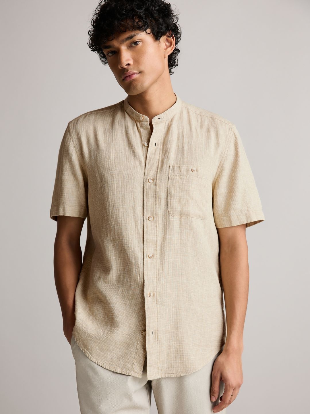 

NEXT Linen Cotton Self Design Textured Casual Shirt, Beige