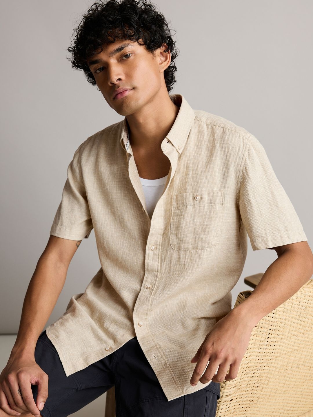 

NEXT Linen Cotton Micro Checked Casual Shirt, Beige