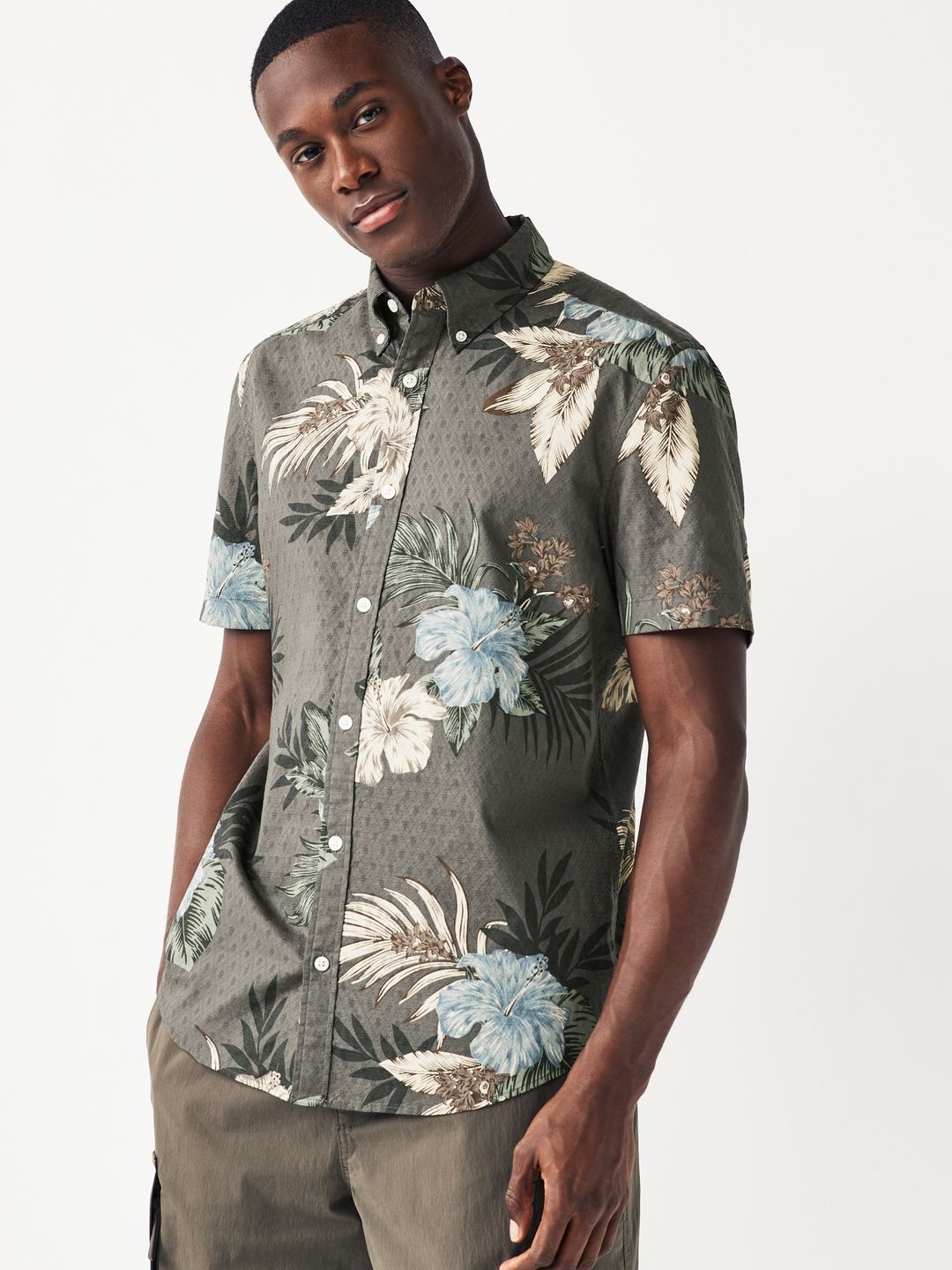 

NEXT Pure Cotton Floral Opaque Printed Casual Shirt, Grey