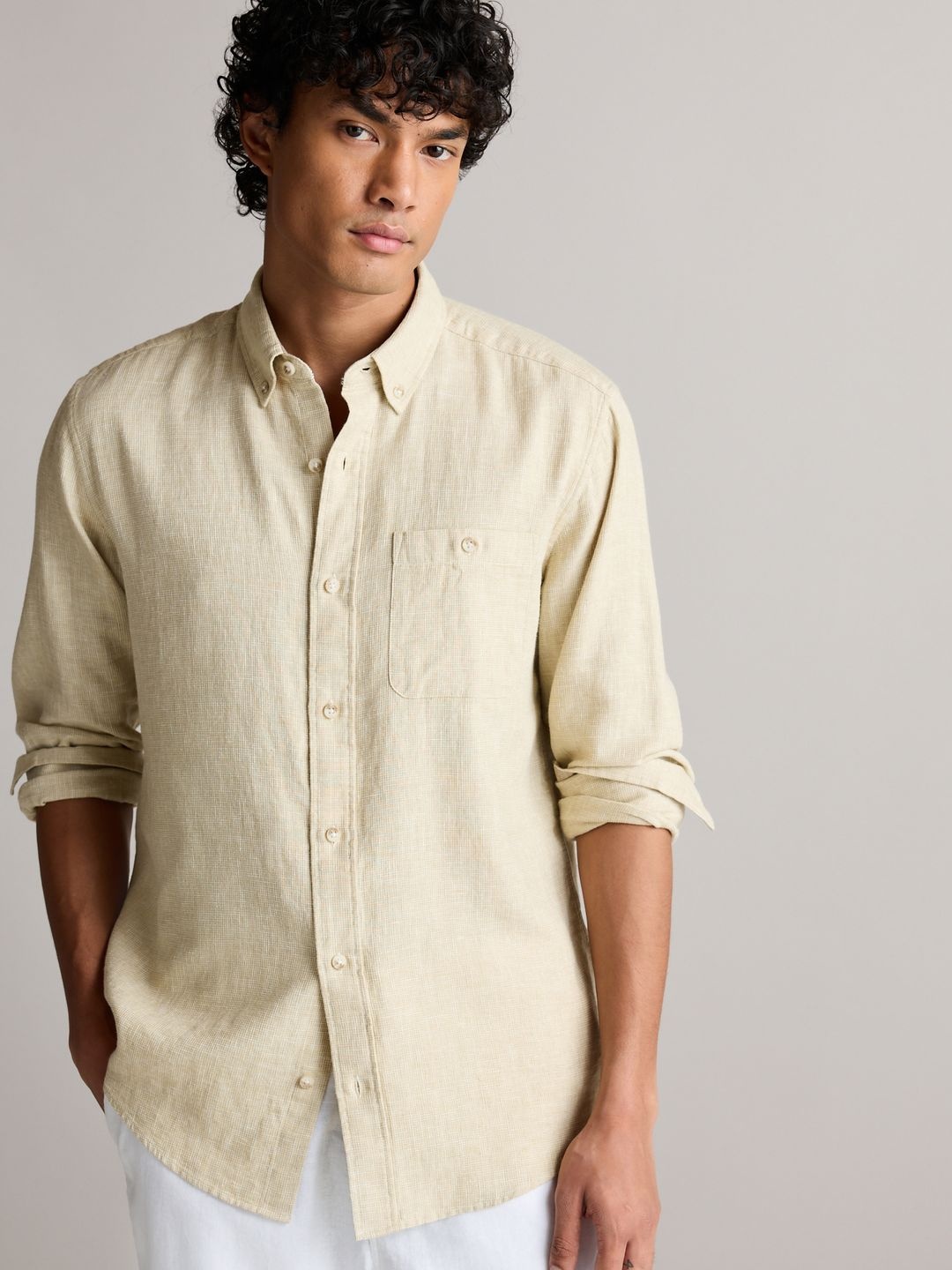 

NEXT Linen Cotton Micro Checked Casual Shirt, Beige