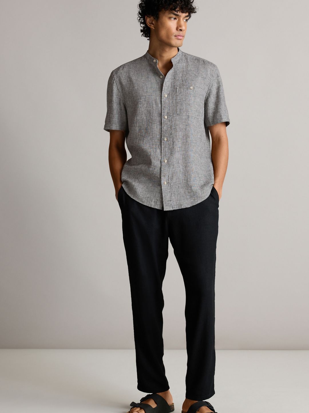 

NEXT Textured Self Design Band Collar Linen Cotton Casual Shirt, Black