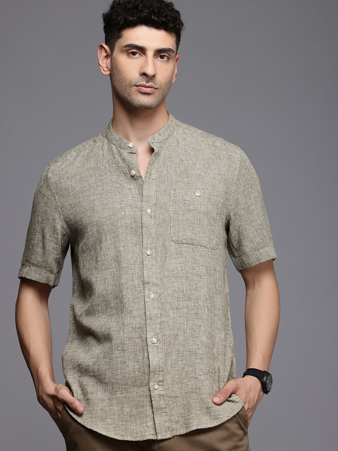 

NEXT Linen Cotton Micro Checked Casual Shirt, Olive