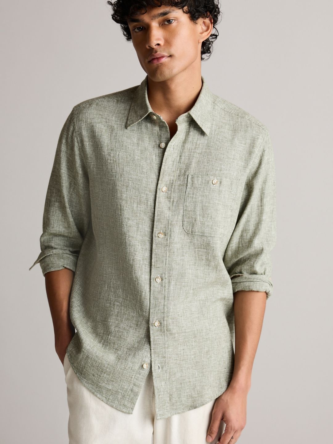 

NEXT Linen Cotton Micro Checked Casual Shirt, Olive