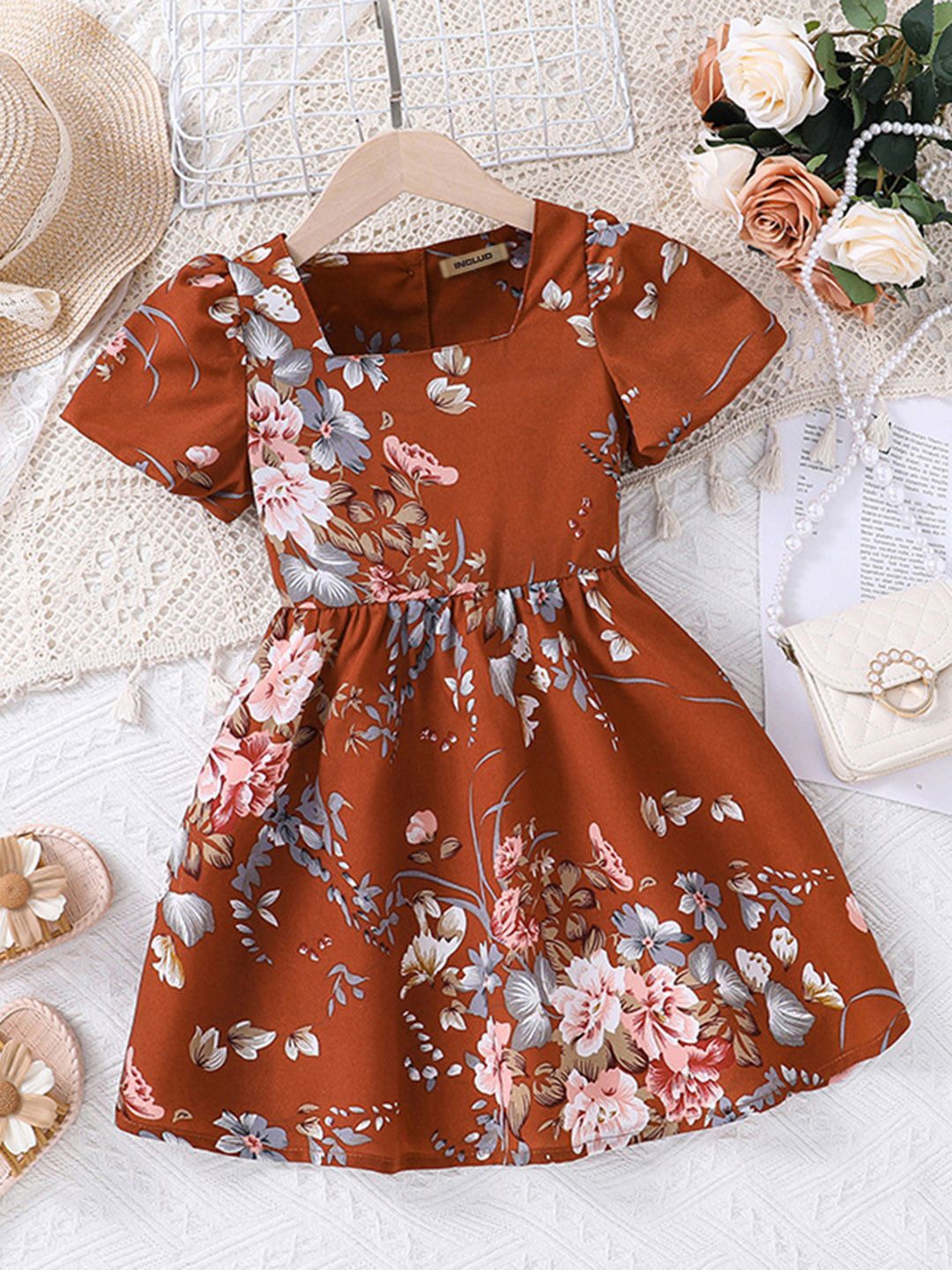 

INCLUD Floral Print Fit & Flare Midi Dress, Brown