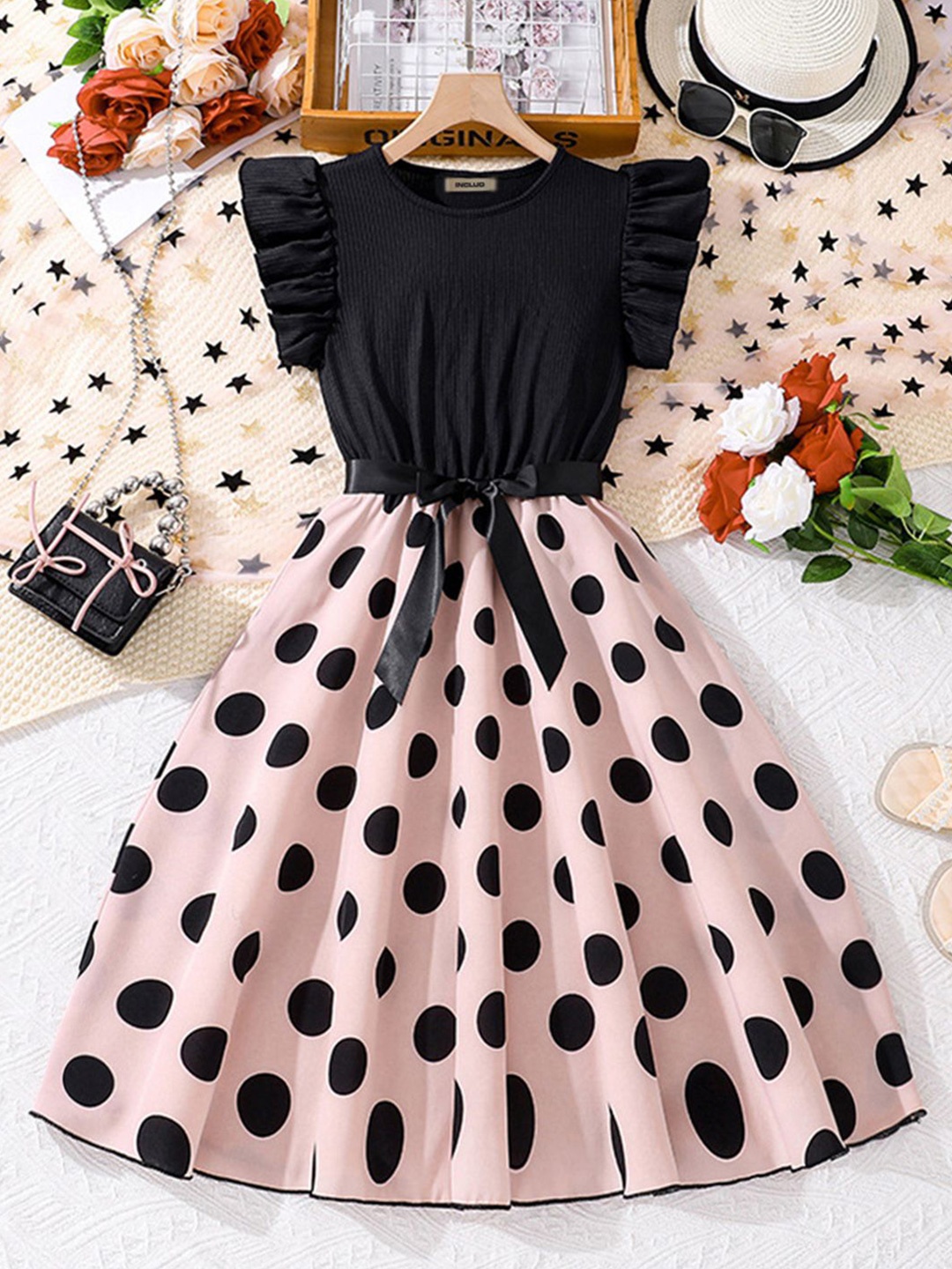 

INCLUD Polka Dot Print Fit & Flare Dress, Black