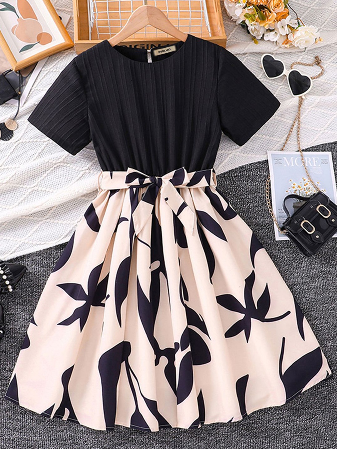 INCLUD Print Blouson Dress, Black