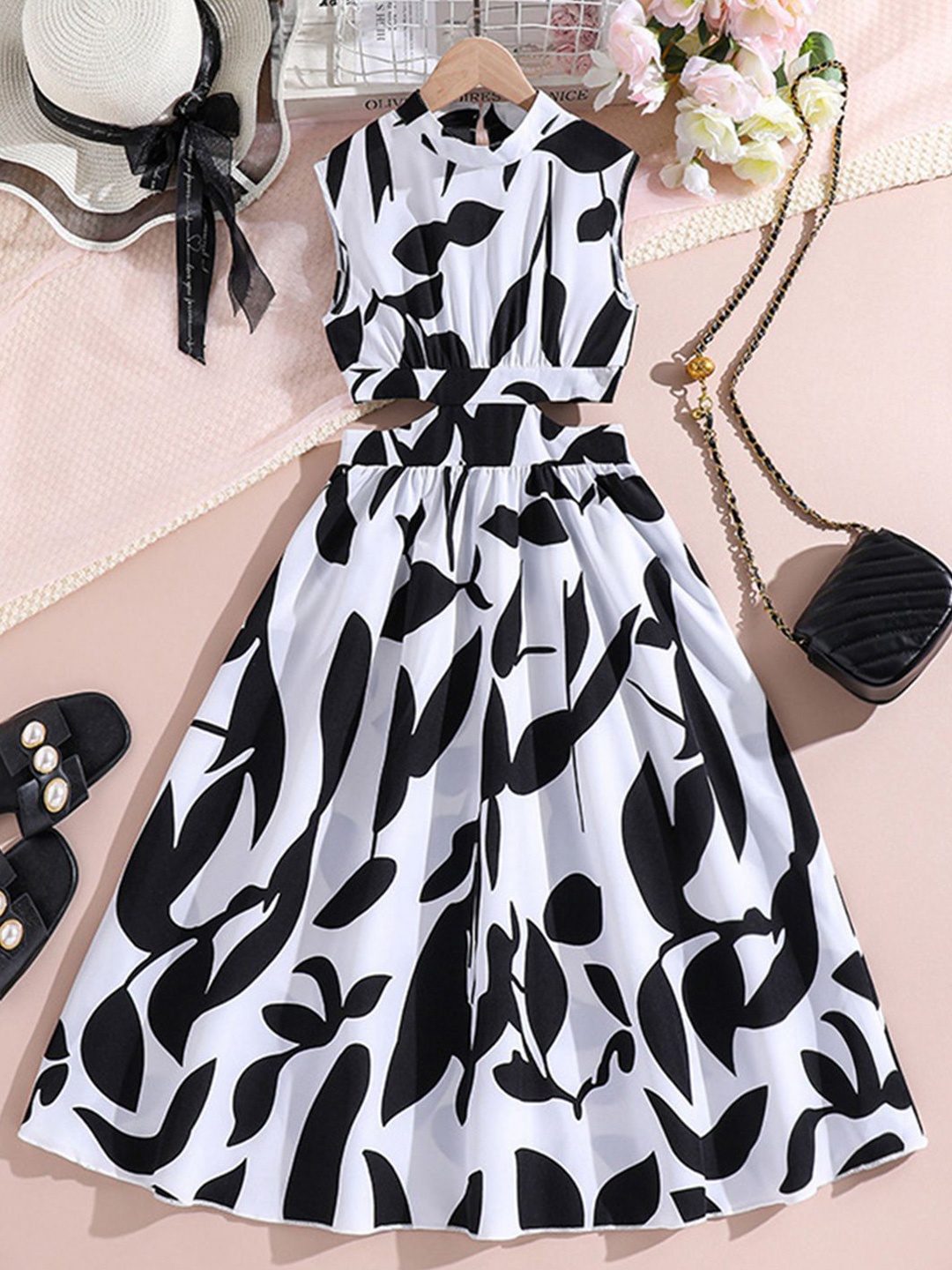 INCLUD Print Fit & Flare Midi Dress, Black