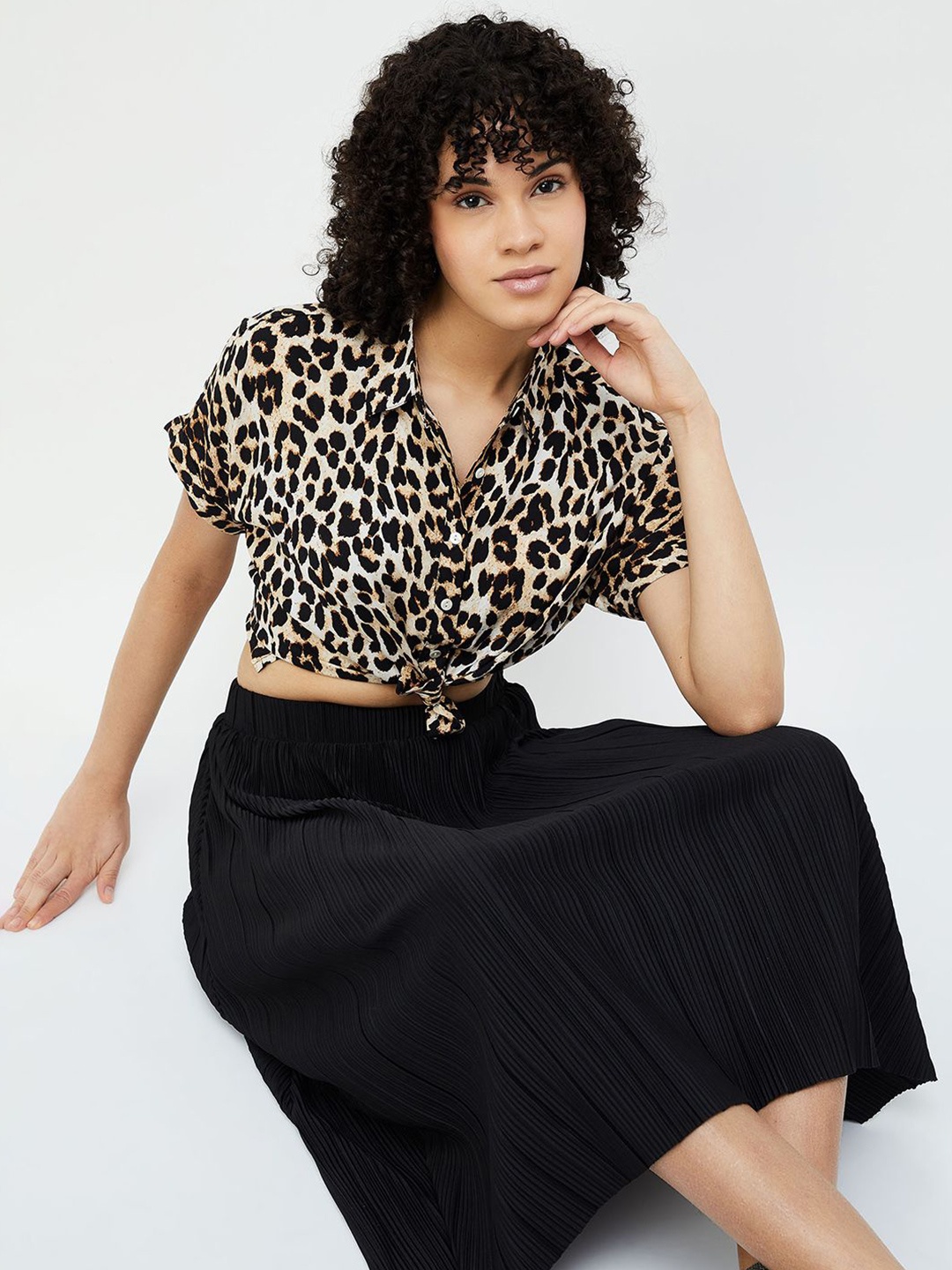 

Ginger by Lifestyle Animal Print Extended Sleeves Styled Back Crop Top, Brown