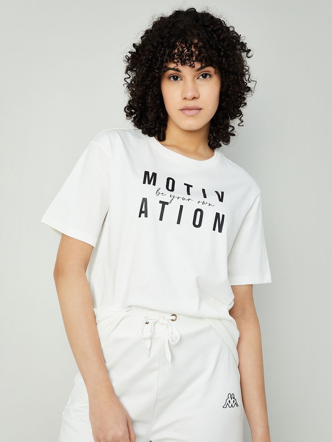 

Kappa Women Typography Printed Drop-Shoulder Sleeves Raw Edge T-shirt, White