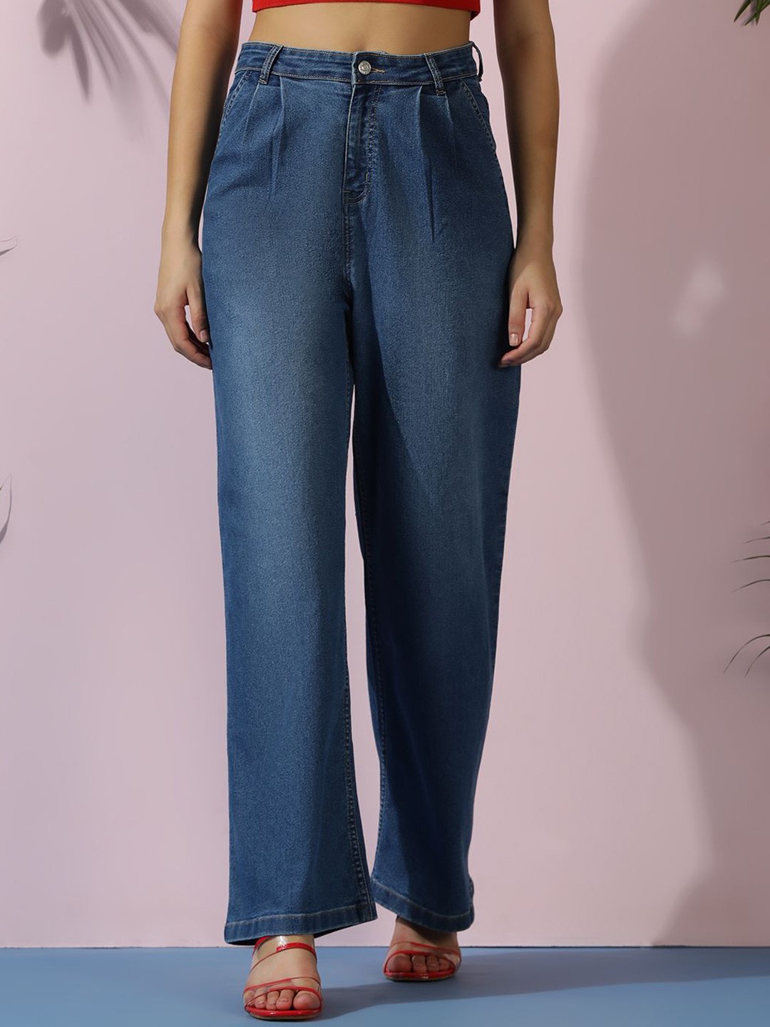 

Stylecast X Kotty Women Jean Wide Leg High-Rise Mildly Distressed Light Fade Stretchable Jeans, Blue