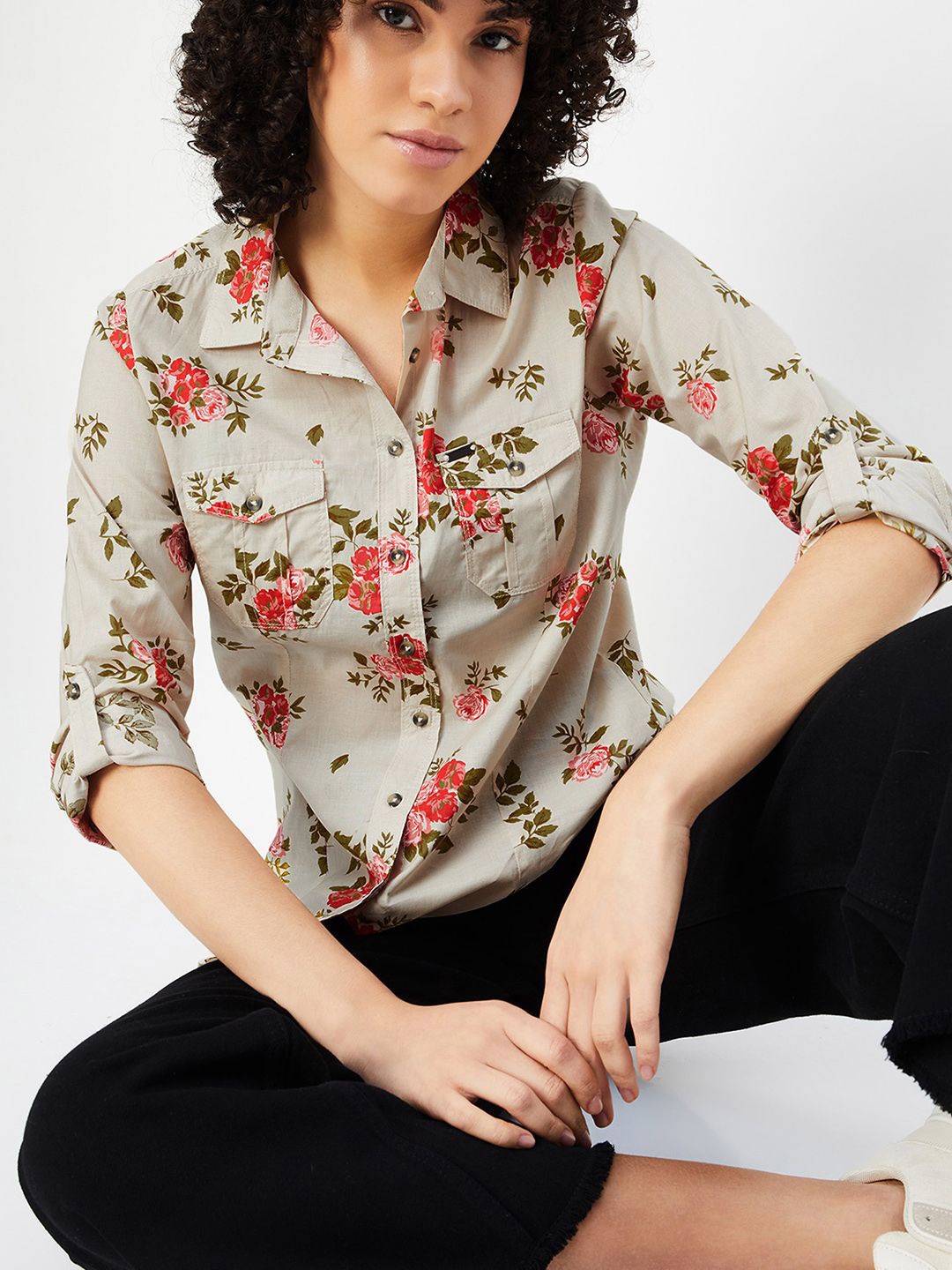 

max Women Floral Opaque Printed Casual Shirt, Beige