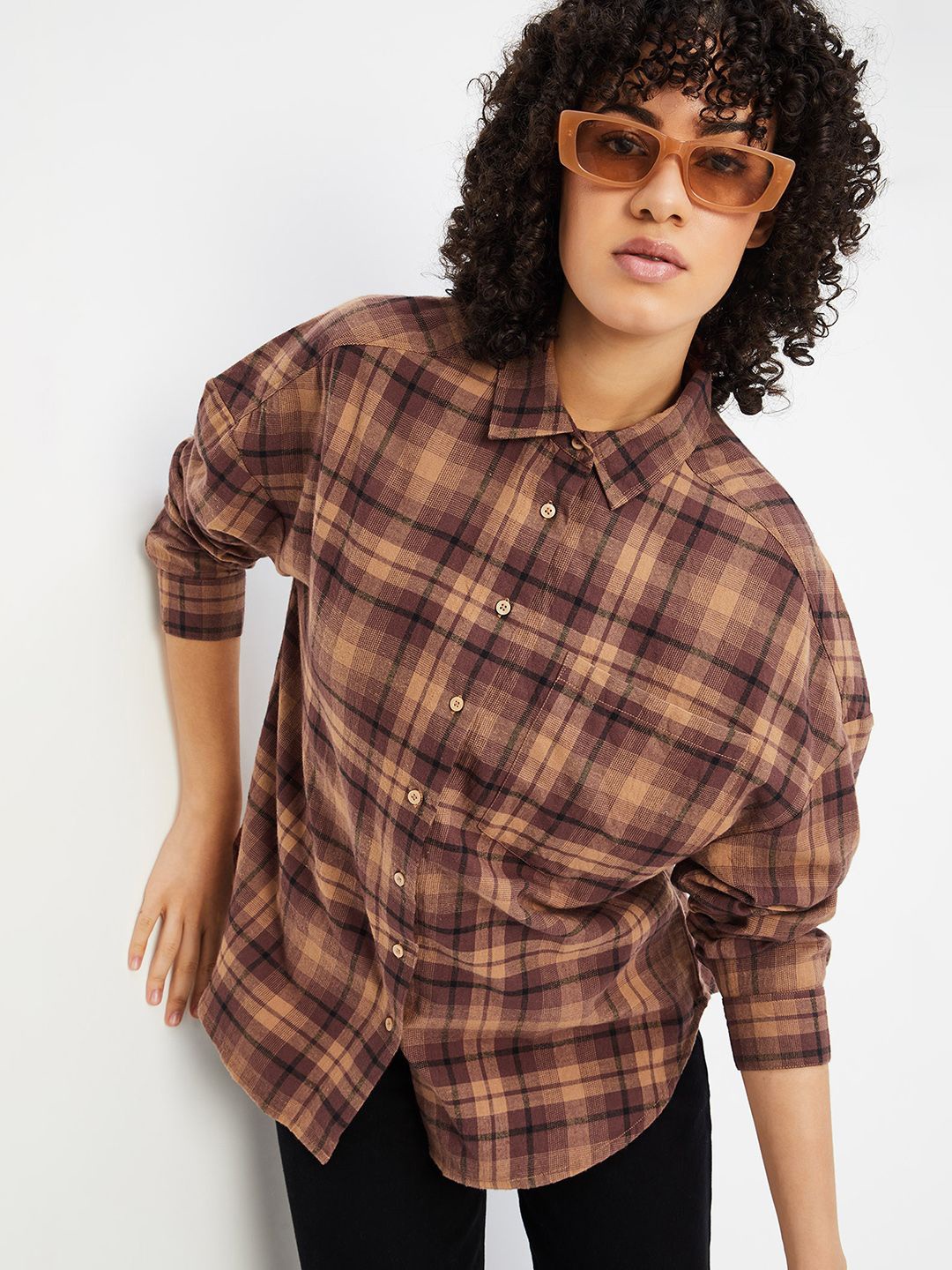 

MAX ALAYA F x URB_N Women Tartan Checked Yarn Dyed Shirt, Brown