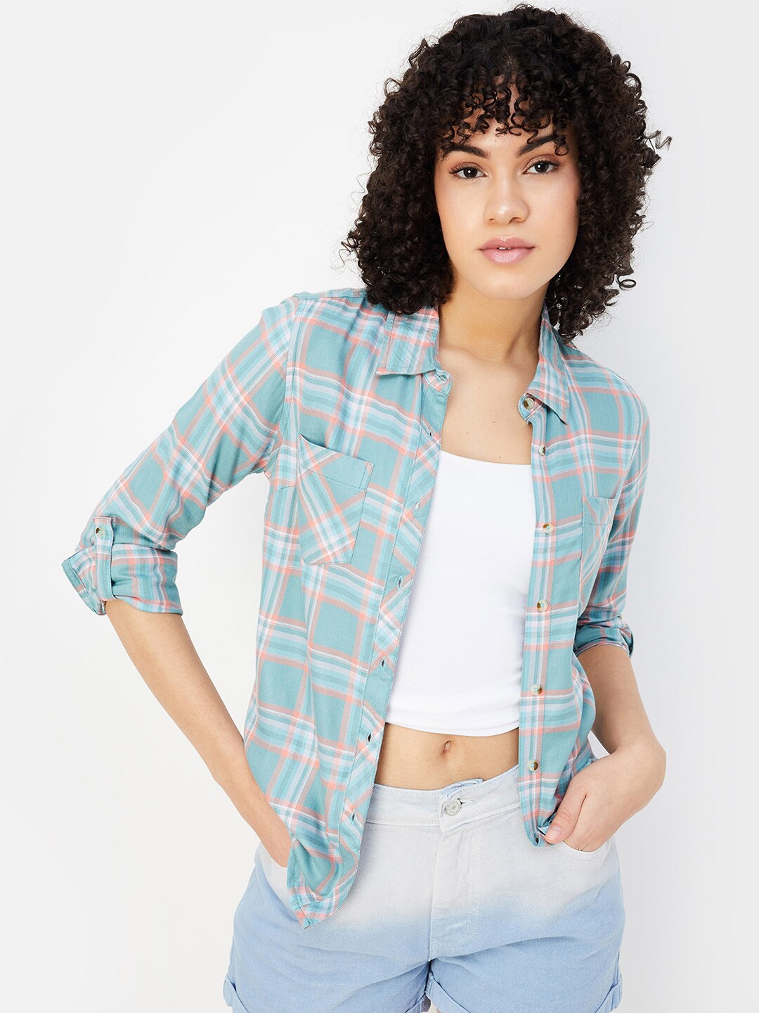 max Women Opaque Checked Casual Shirt, Green