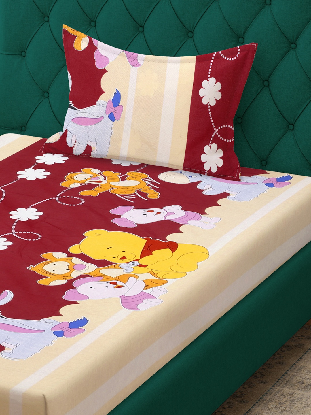 

KLOTTHE Red Printed Pure Cotton Fitted 400 TC Single Bedsheet With Pillow Cover
