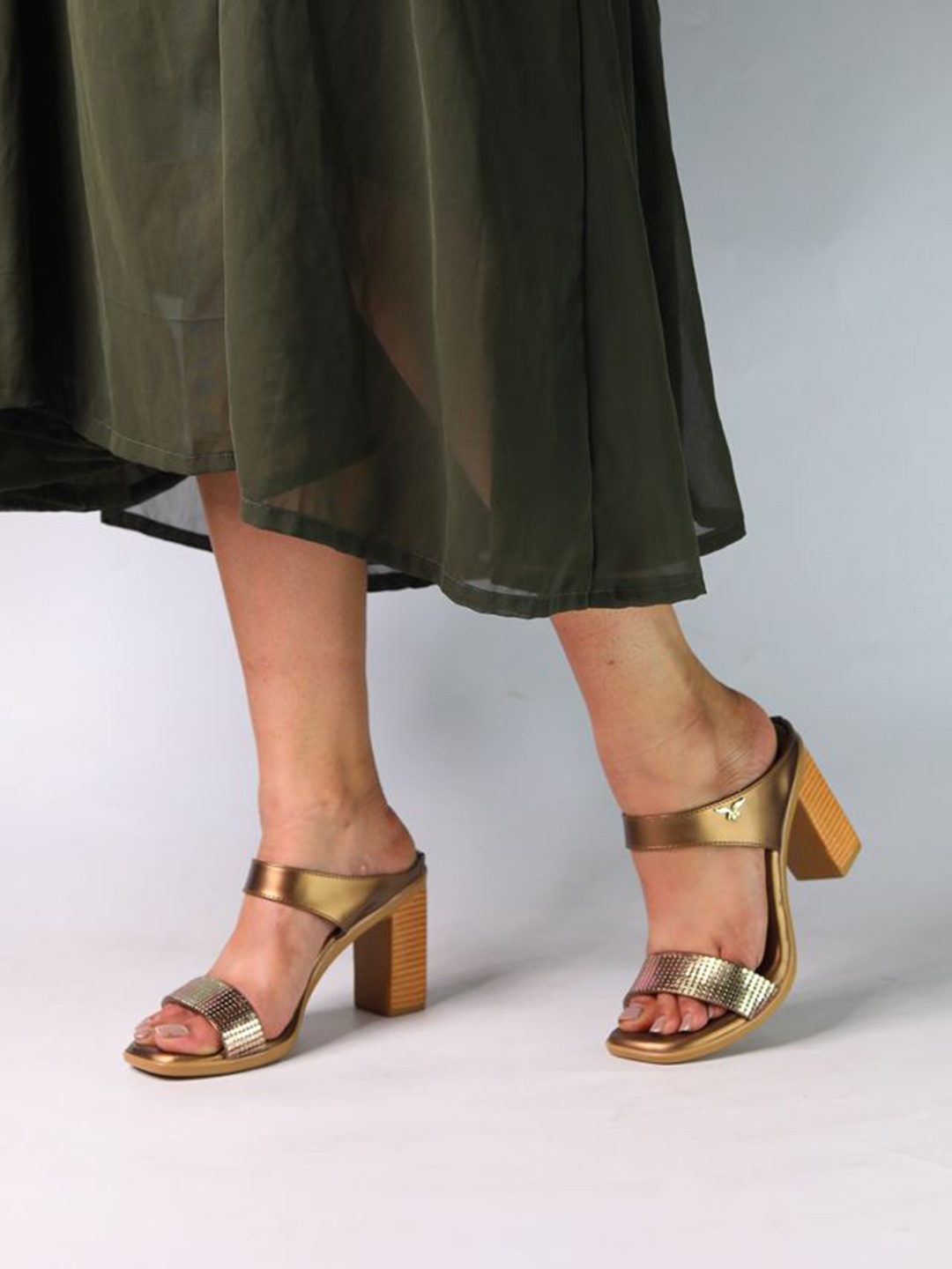 Monrow PU Block Sandals with Laser Cuts, Bronze