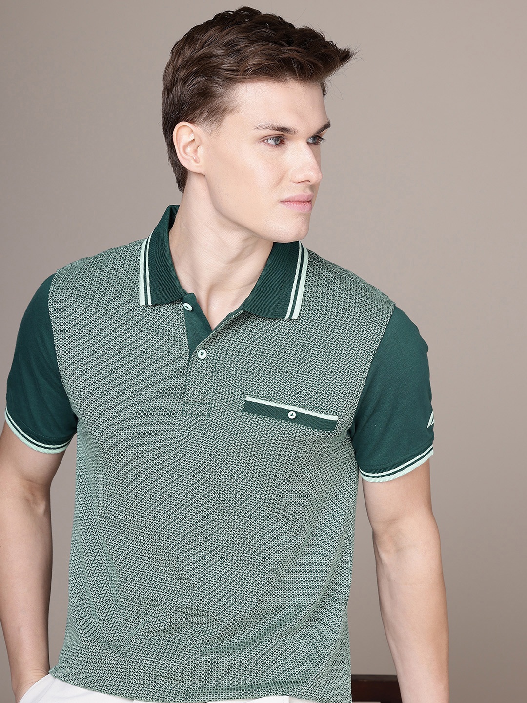 

Nautica Self Design Polo Collar Pure Cotton Pockets T-shirt, Green
