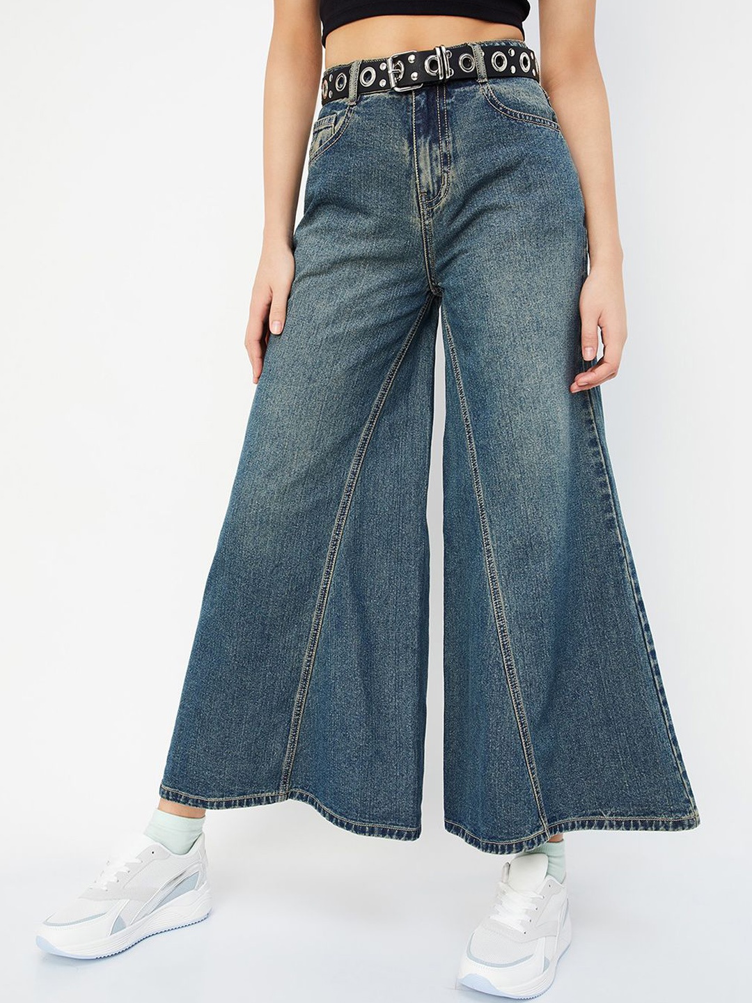 

MAX ALAYA F x URB_N Women Washed Wide-Leg Jeans, Blue