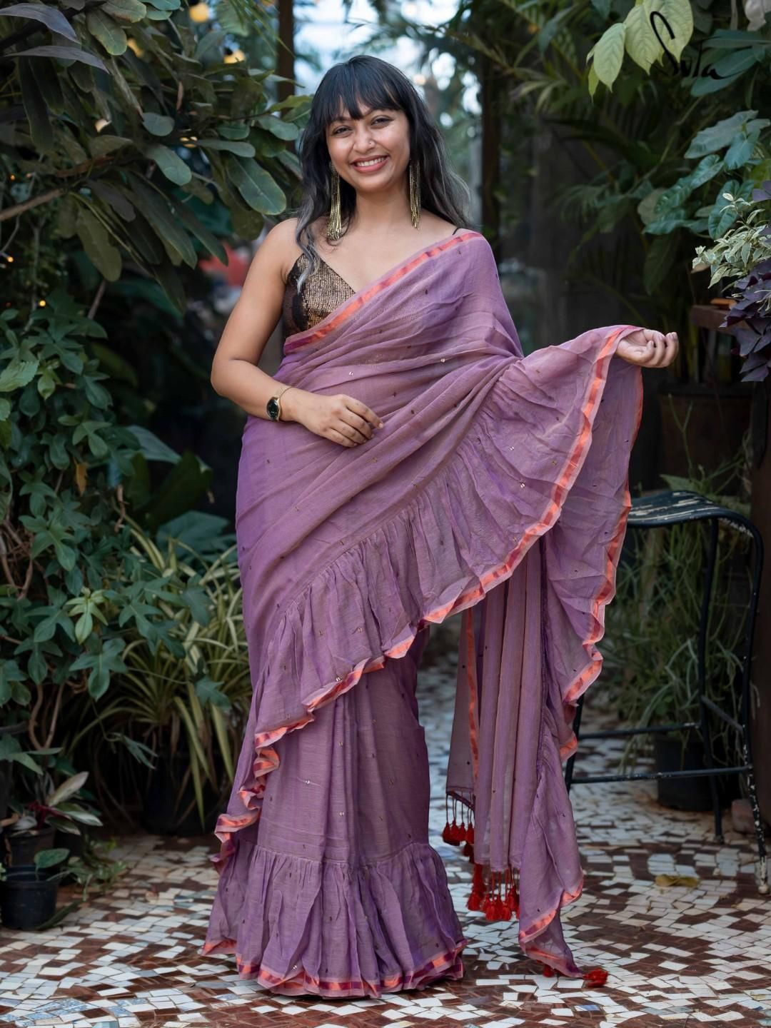 Suta Embellished Sequinned Pure Cotton Saree, Mauve