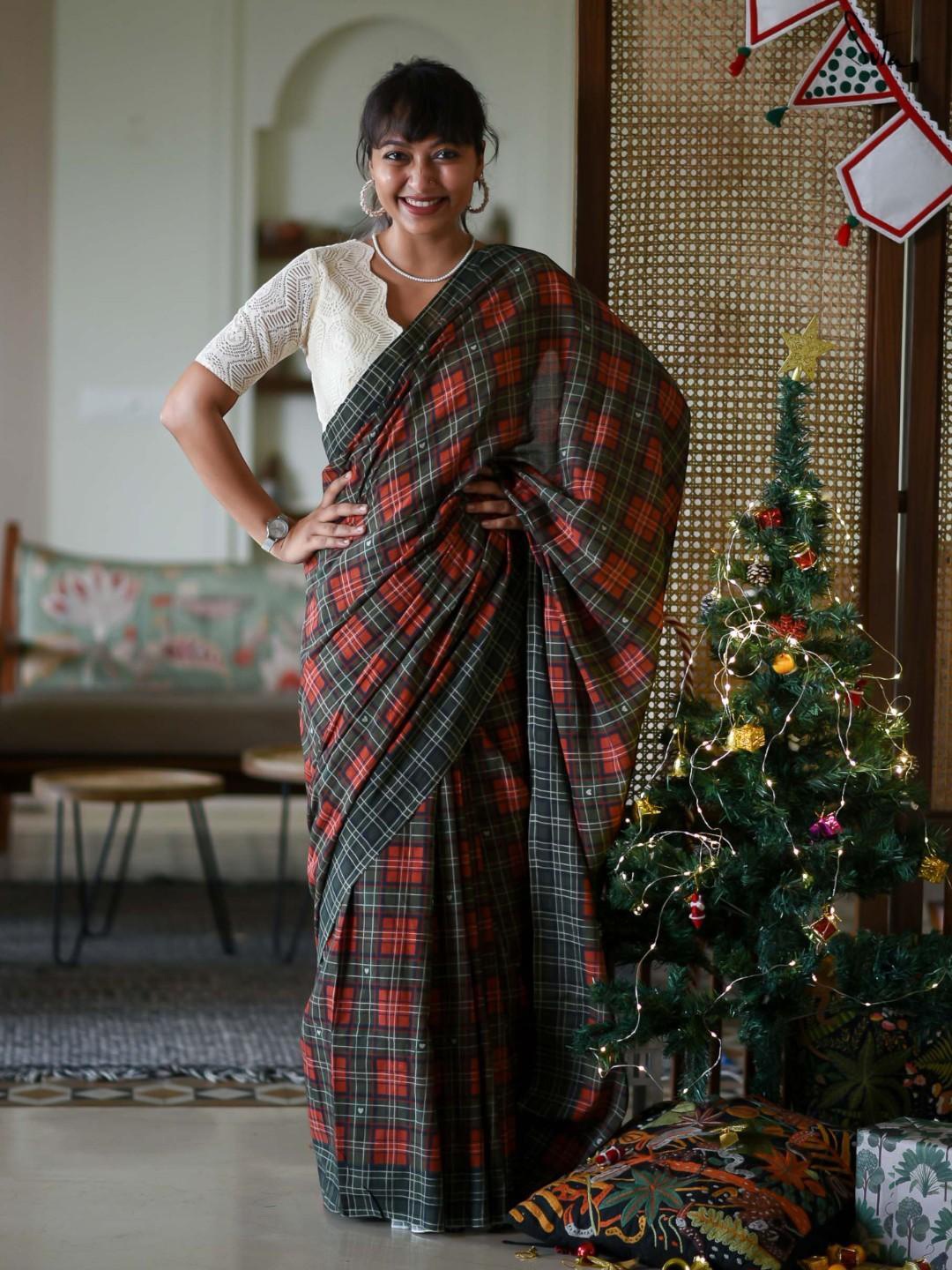 

Suta Checked Pure Cotton Saree, Green