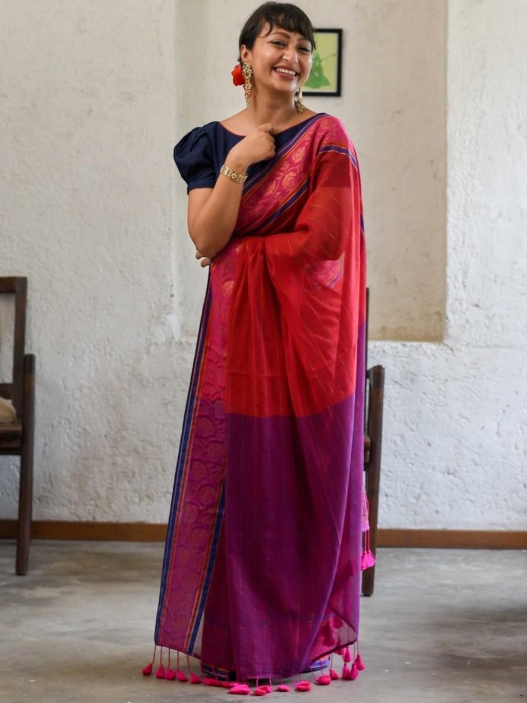 

Suta Striped Zari Pure Cotton Saree, Magenta