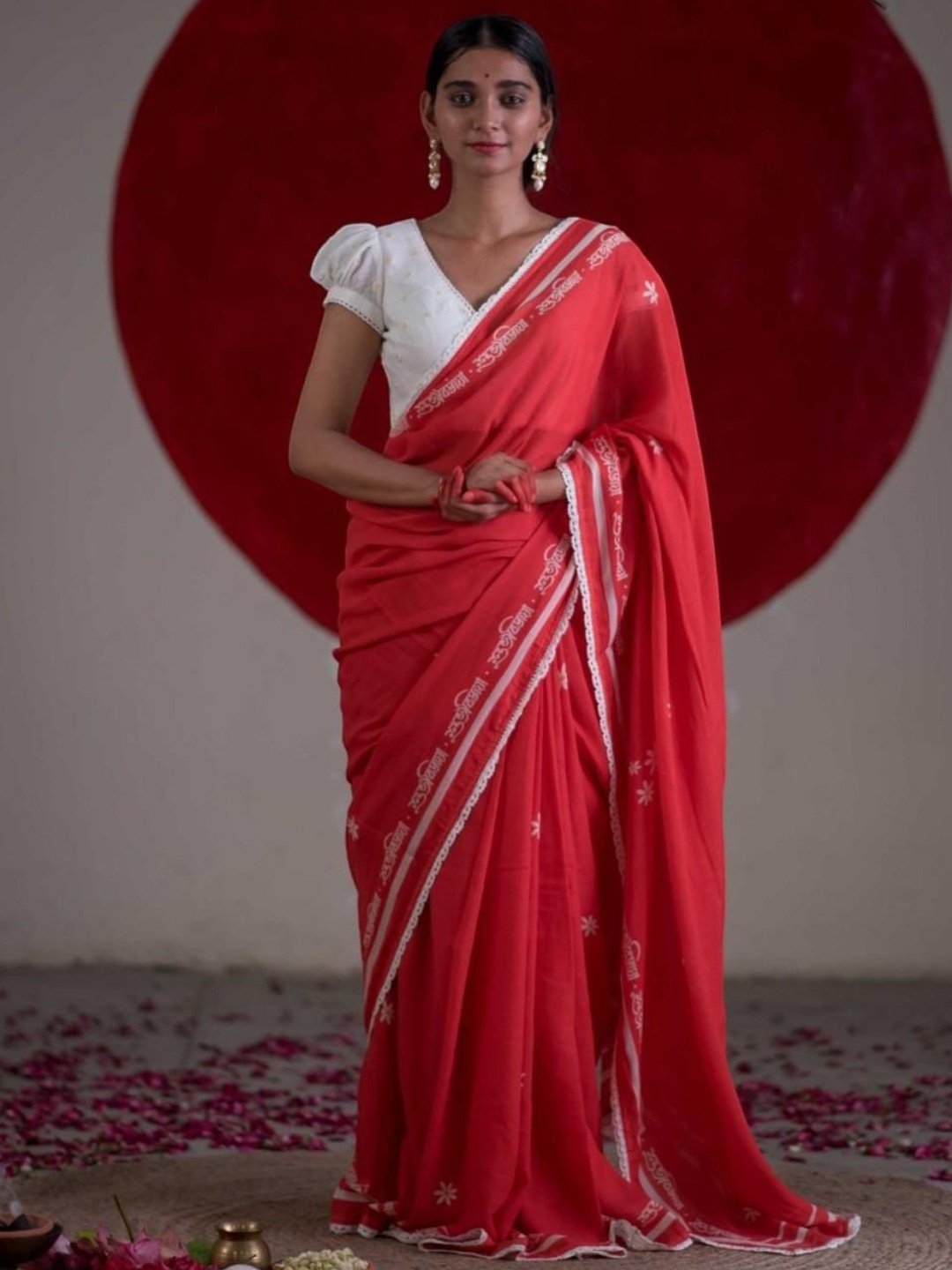 Suta Floral Pure Cotton Saree, Red