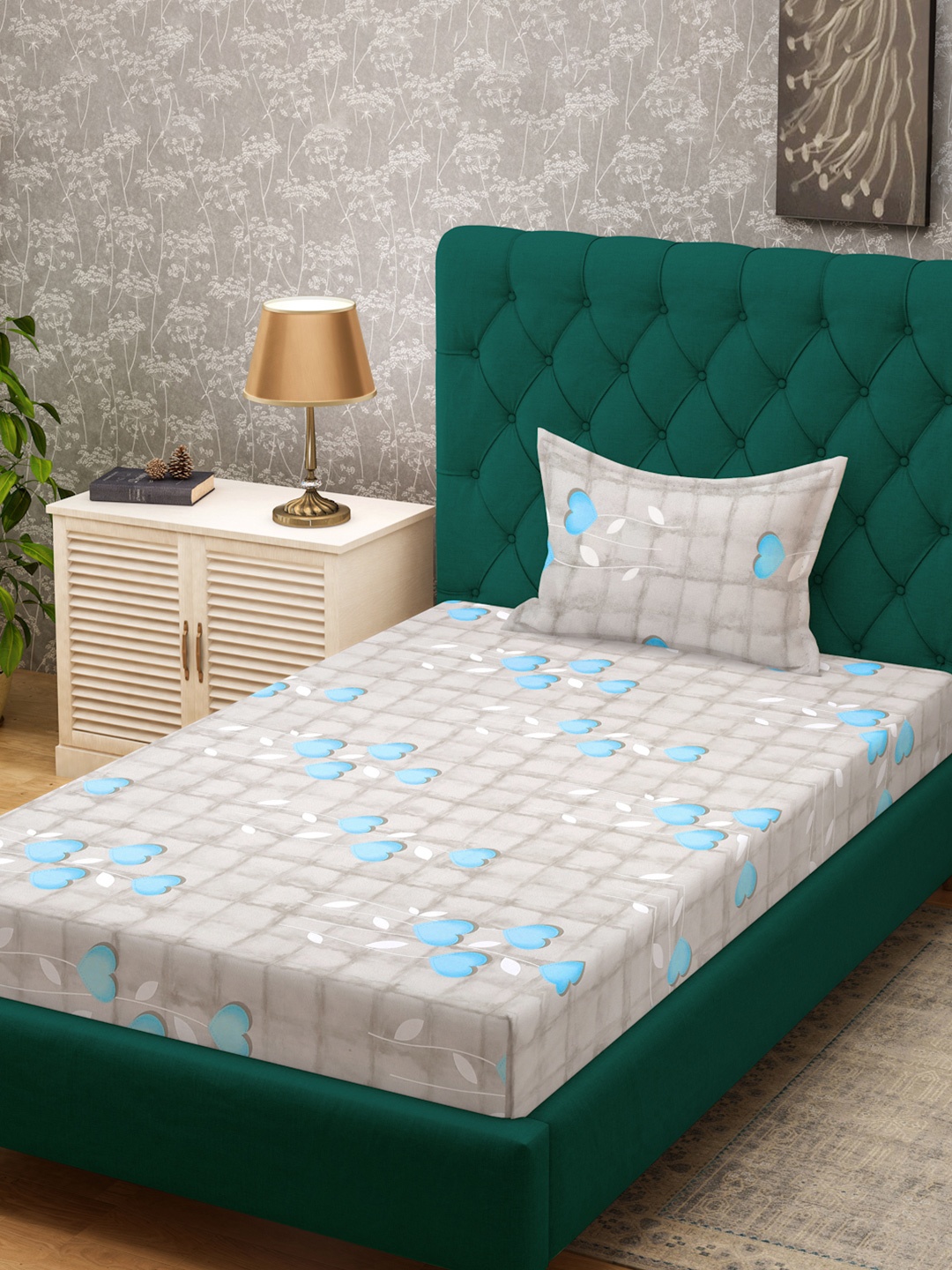 

KLOTTHE Grey & Blue Floral Printed Pure Cotton 400 TC Single Bedsheet & Pillow Cover, Turquoise blue