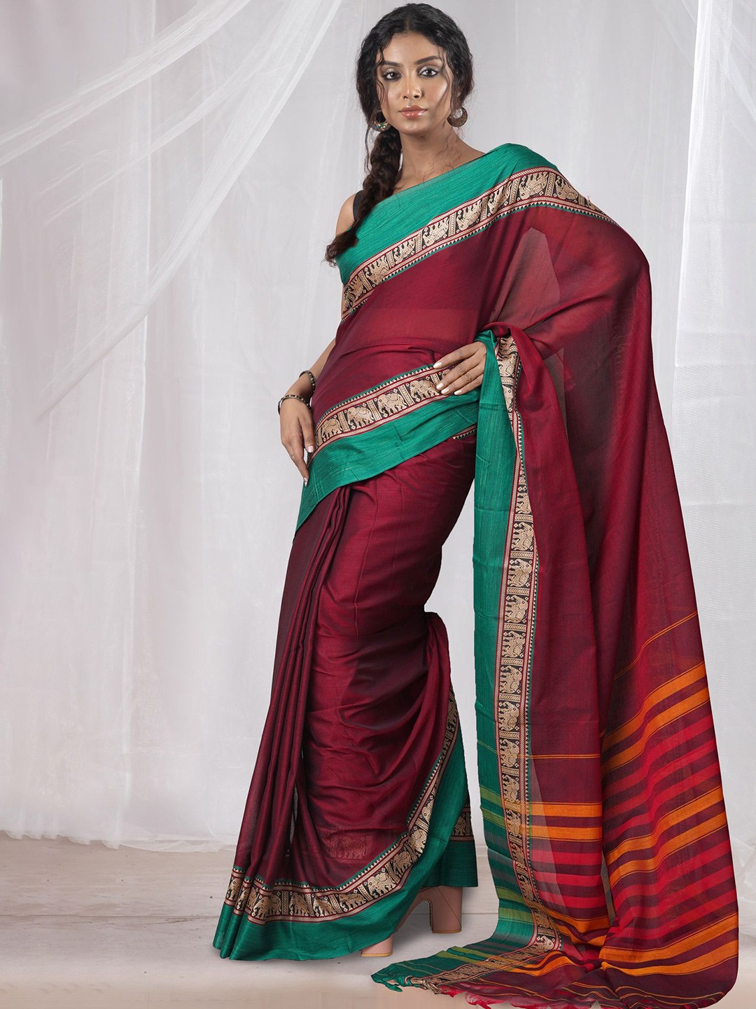 

Unnati Silks Woven Design Pure Cotton Handloom Narayan Peth Saree, Pink