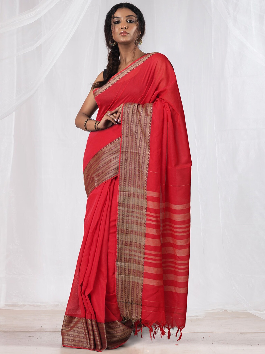 Unnati Silks Woven Design Pure Cotton Handloom Narayan Peth Saree, Red