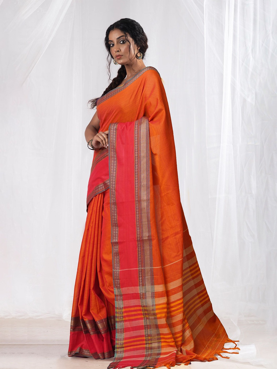 Unnati Silks Woven Design Pure Cotton Handloom Narayan Peth Saree, Orange