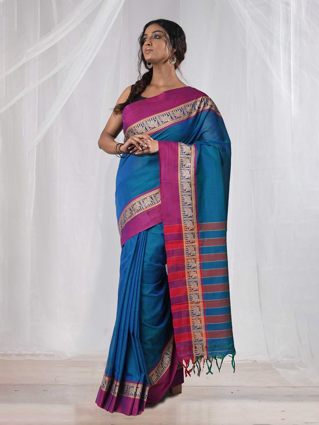 

Unnati Silks Pure Cotton Handloom Narayan Peth Saree, Blue