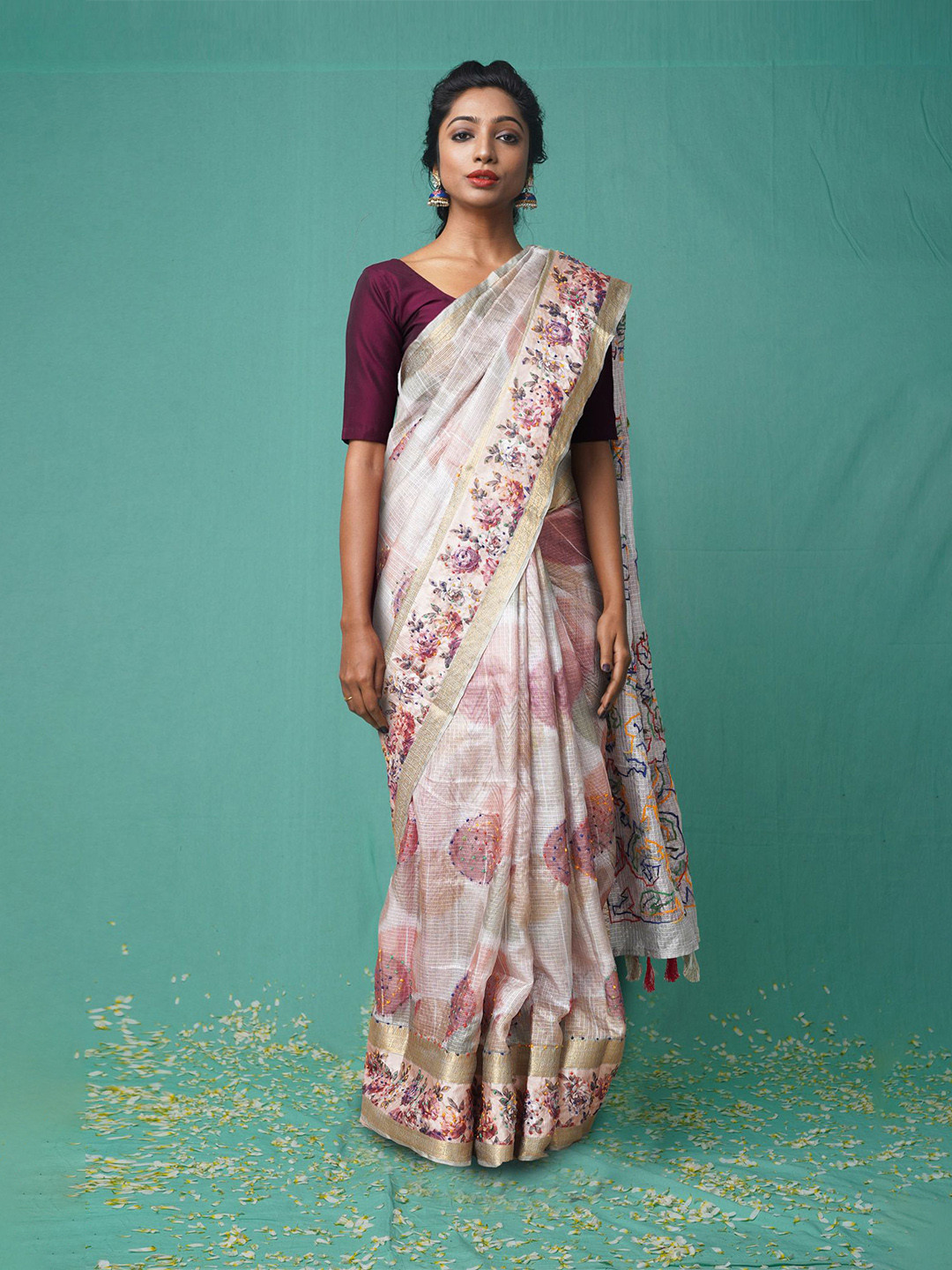 

Unnati Silks Ethnic Motifs Embroidered Pure Silk Handloom Kota Saree, Peach