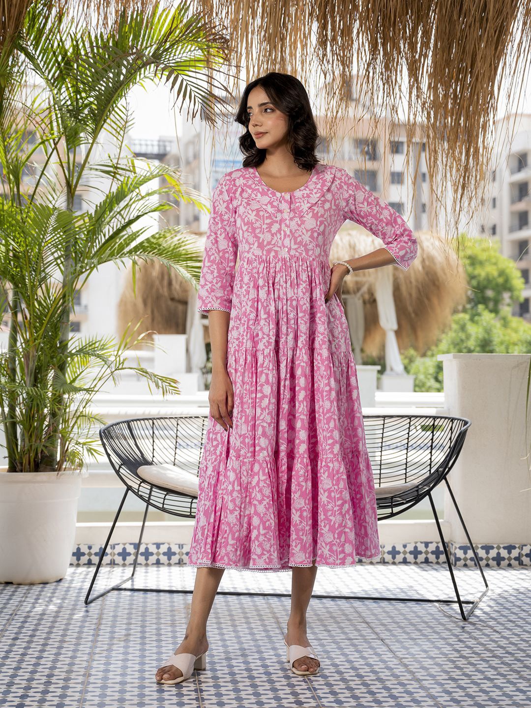 Divena Floral Print A-Line Midi Dress, Pink
