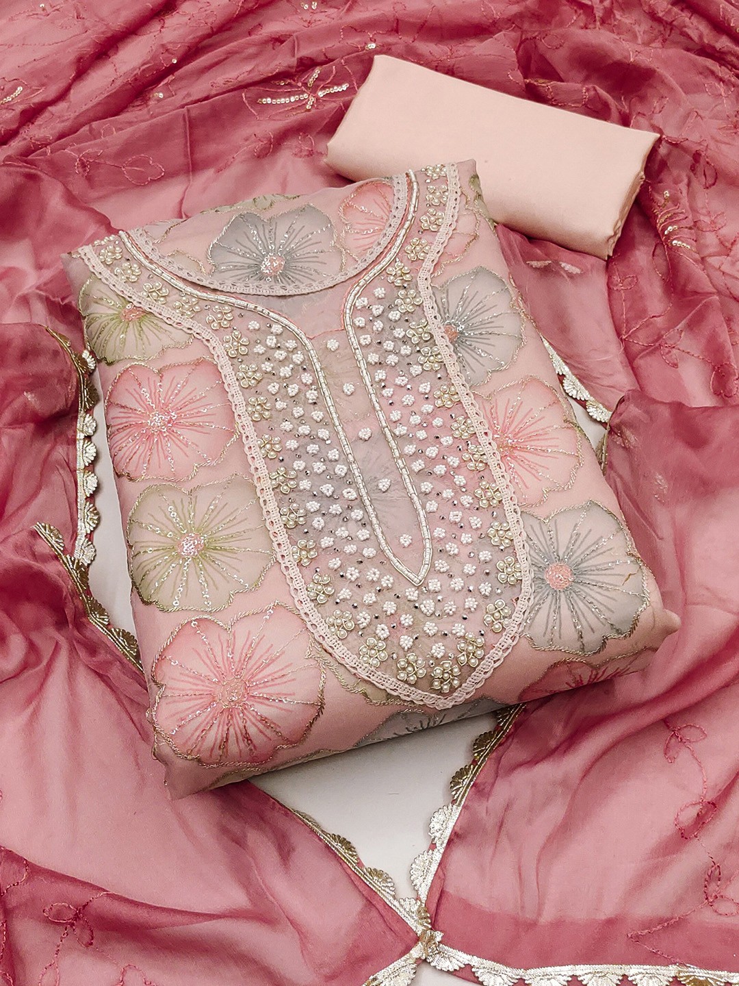 

KIMISHA Embellished Organza Unstitched Dress Material, Peach