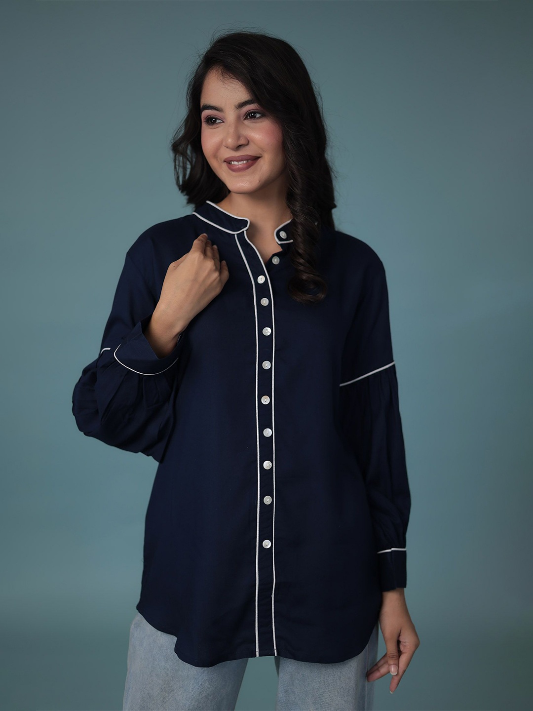 

ZARI Mandarin Collar Tunic, Blue