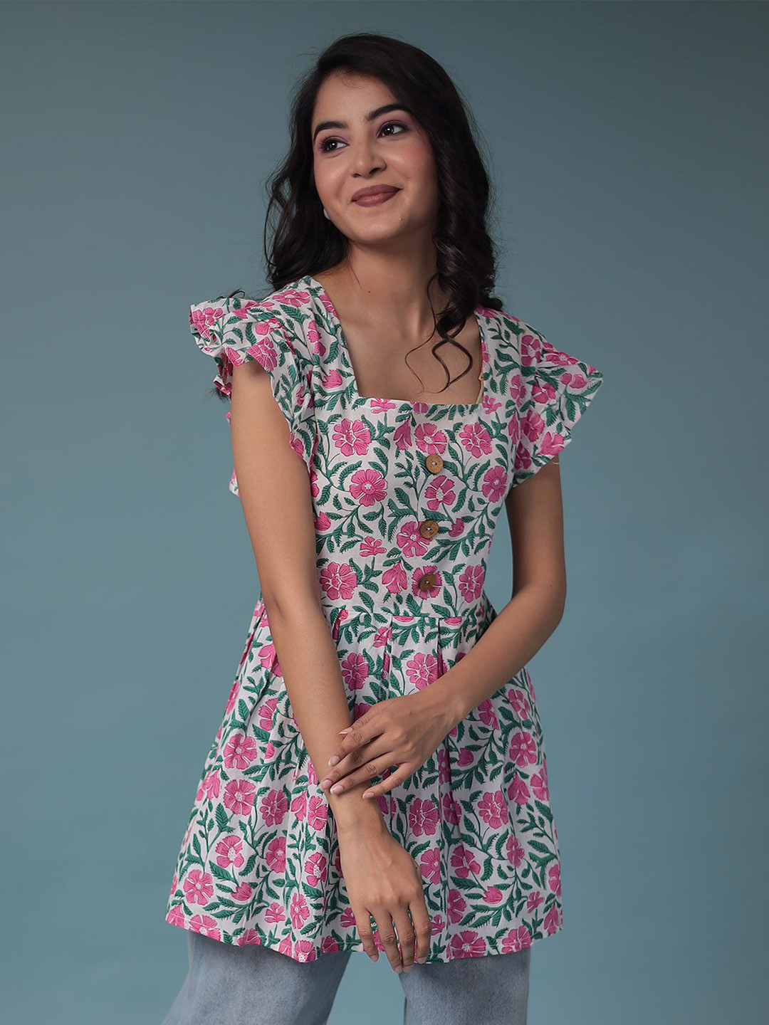 

ZARI Square Neck Printed Tunic, White