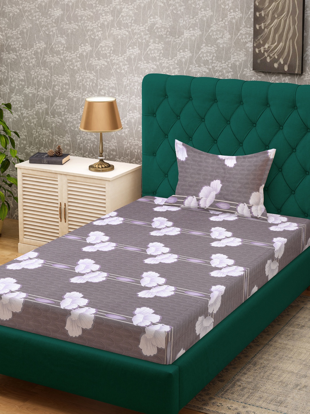 

KLOTTHE Brown Floral Printed Pure Cotton Fitted 400 TC Single Bedsheet With Pillow Cover