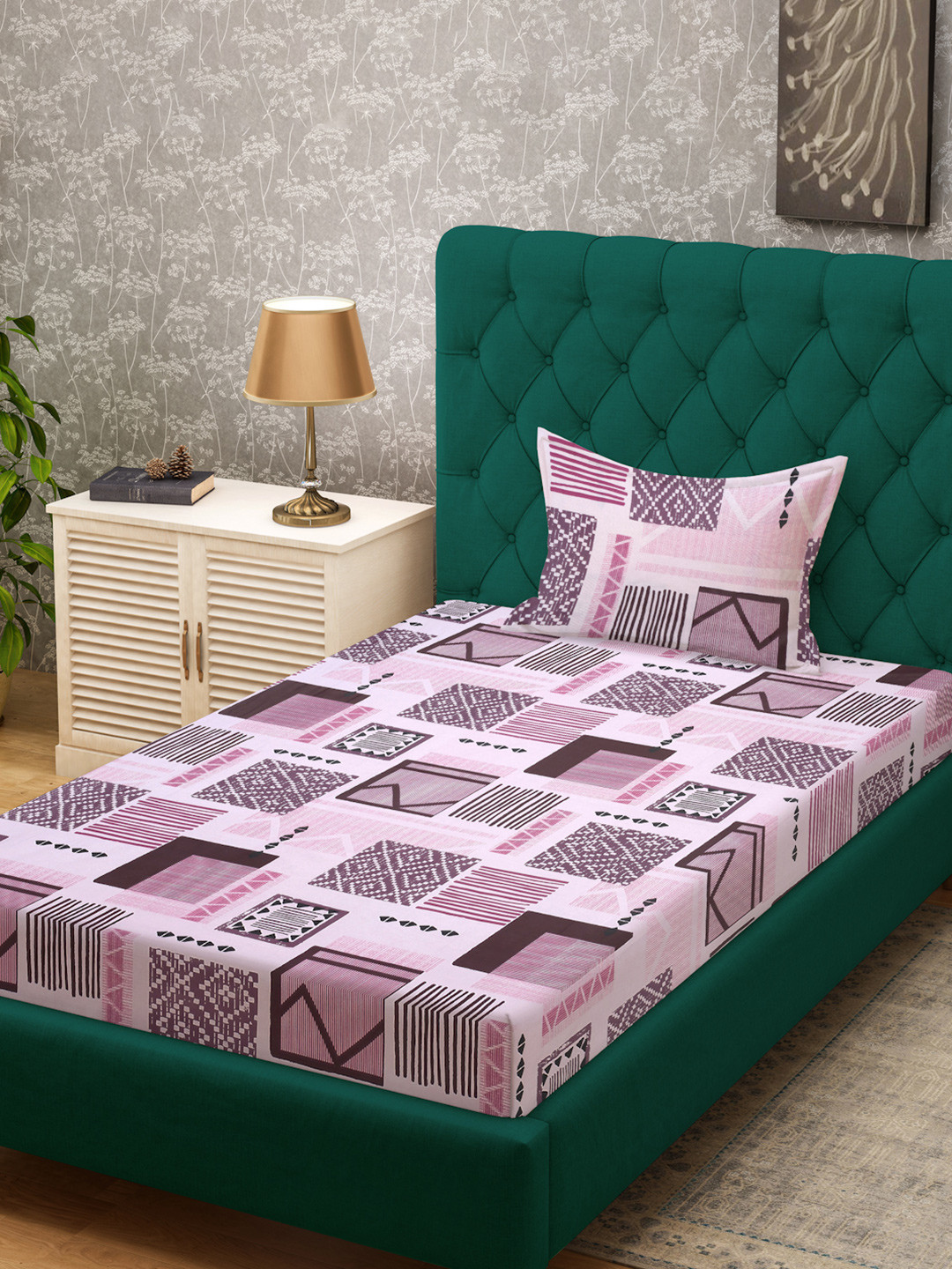 

KLOTTHE Purple & Brown Pure Cotton 400 TC Fitted Single Bedsheet With Pillow Cover